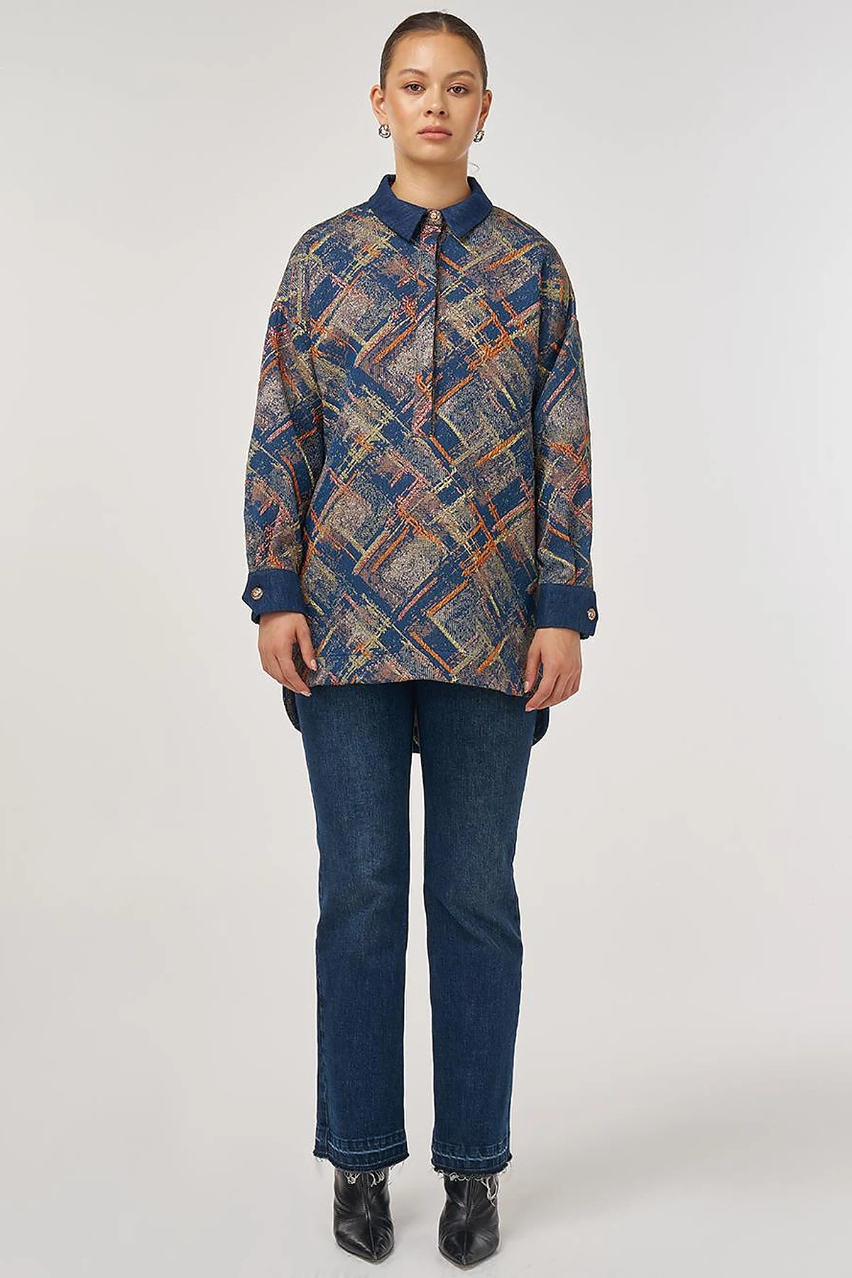 Denim Garnished Patterned Tunic in Pumpkin