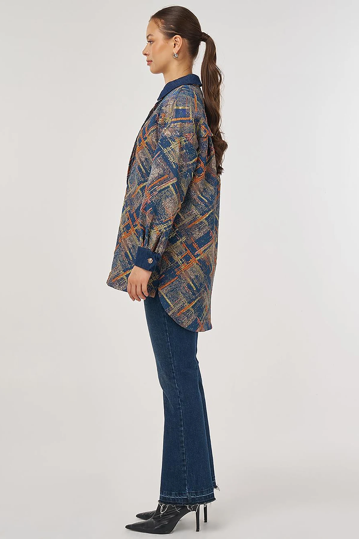 Denim Garnished Patterned Tunic in Pumpkin