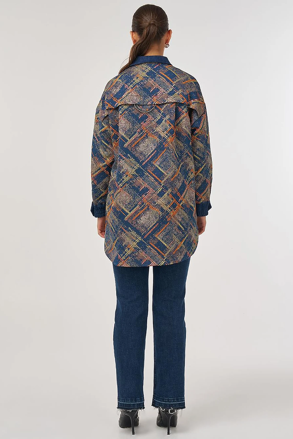 Denim Garnished Patterned Tunic in Pumpkin