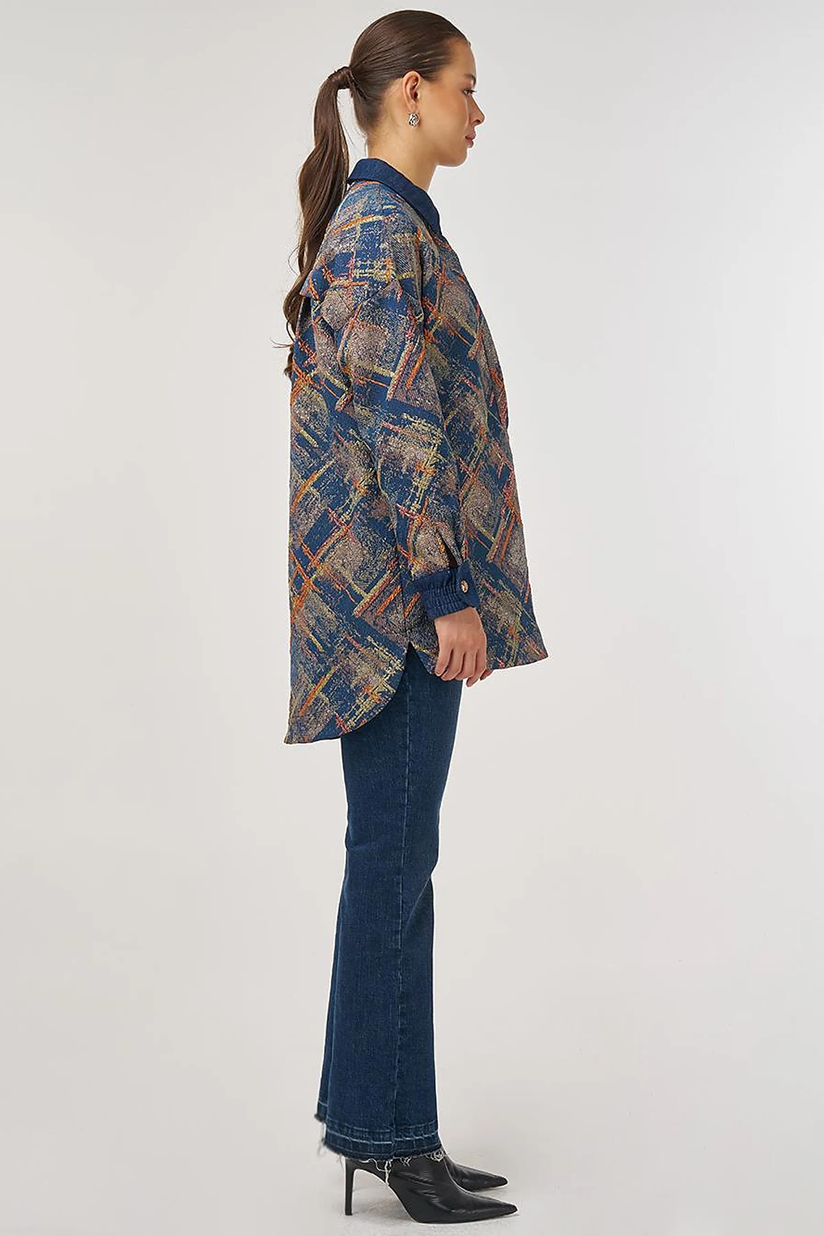 Denim Garnished Patterned Tunic in Pumpkin