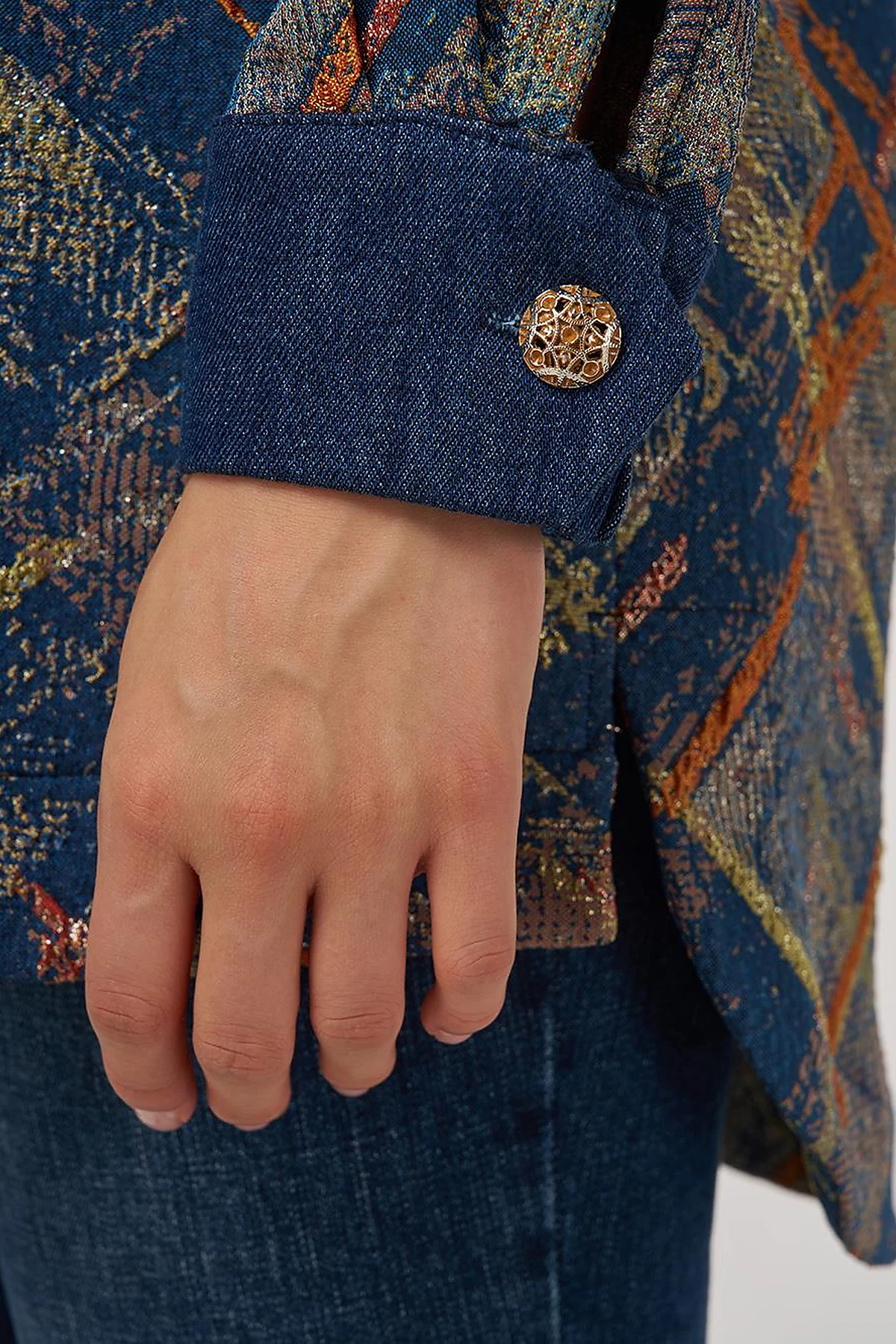Denim Garnished Patterned Tunic in Pumpkin