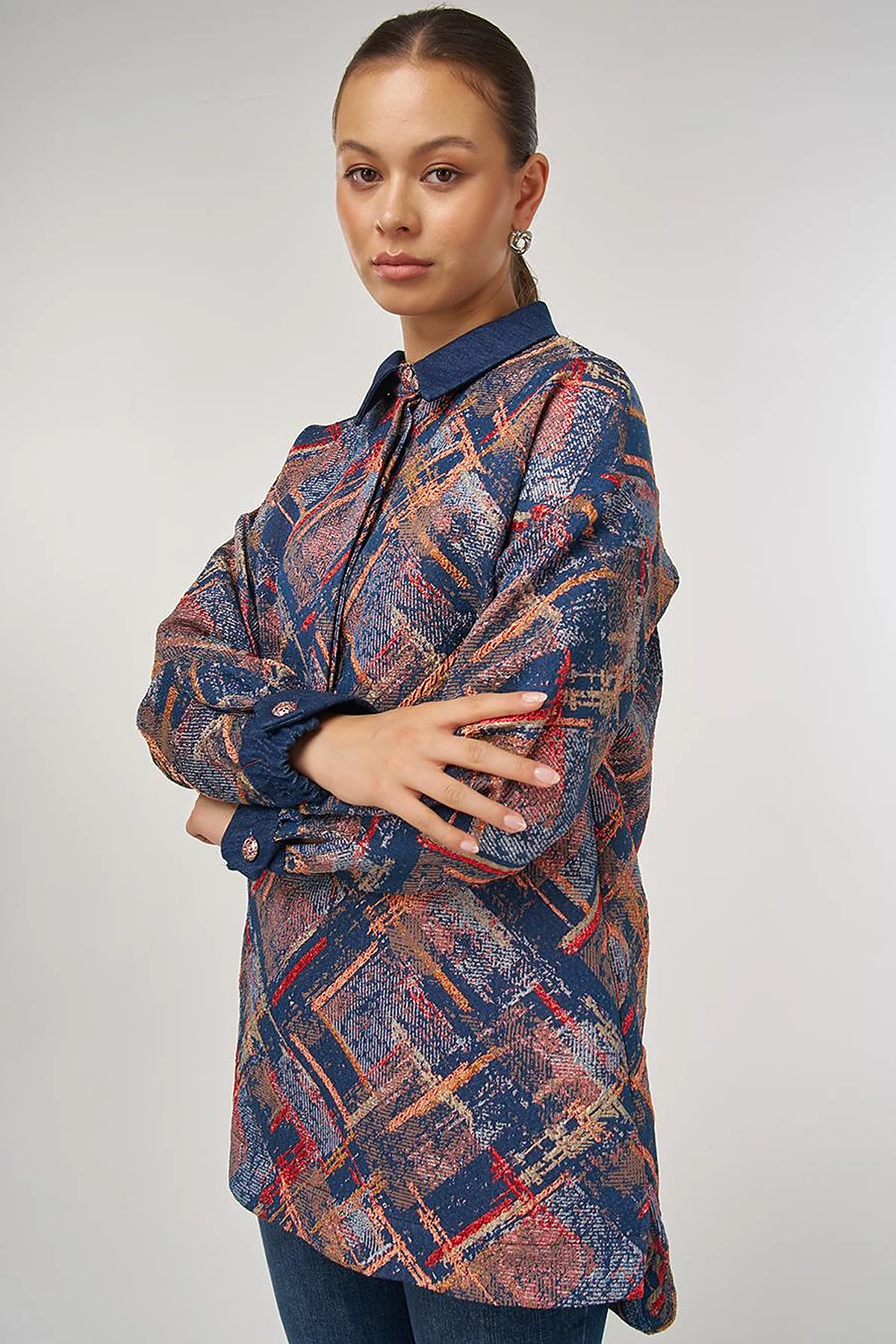 Denim Garnished Patterned Tunic in Red