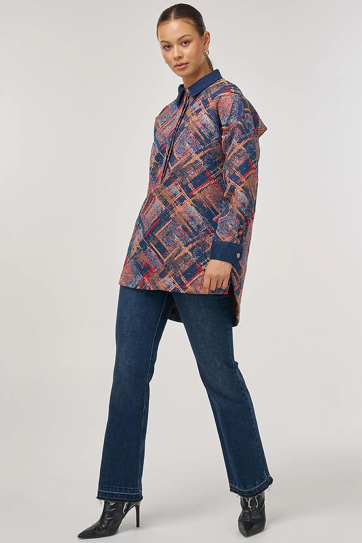 Denim Garnished Patterned Tunic in Red