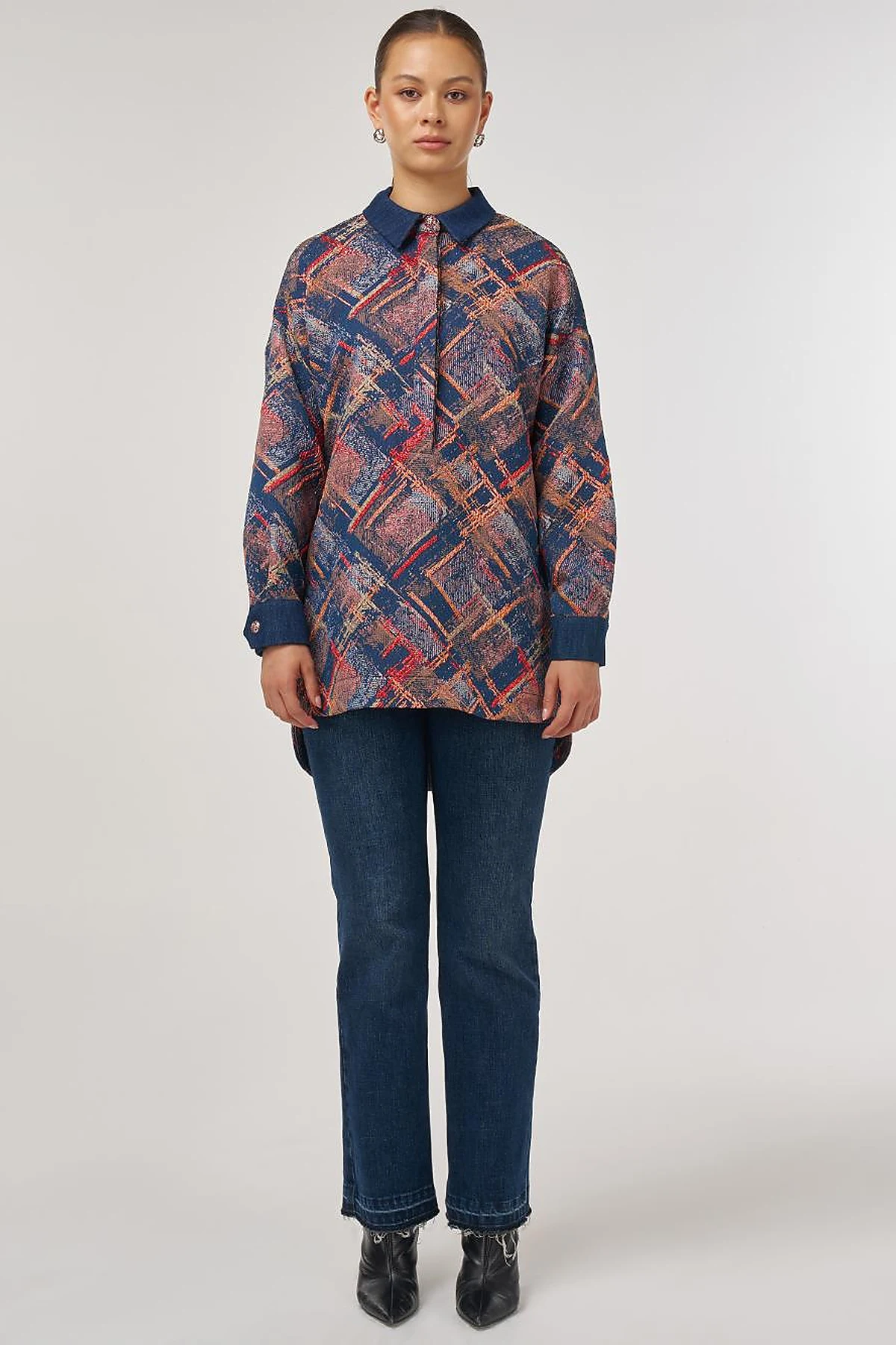 Denim Garnished Patterned Tunic in Red