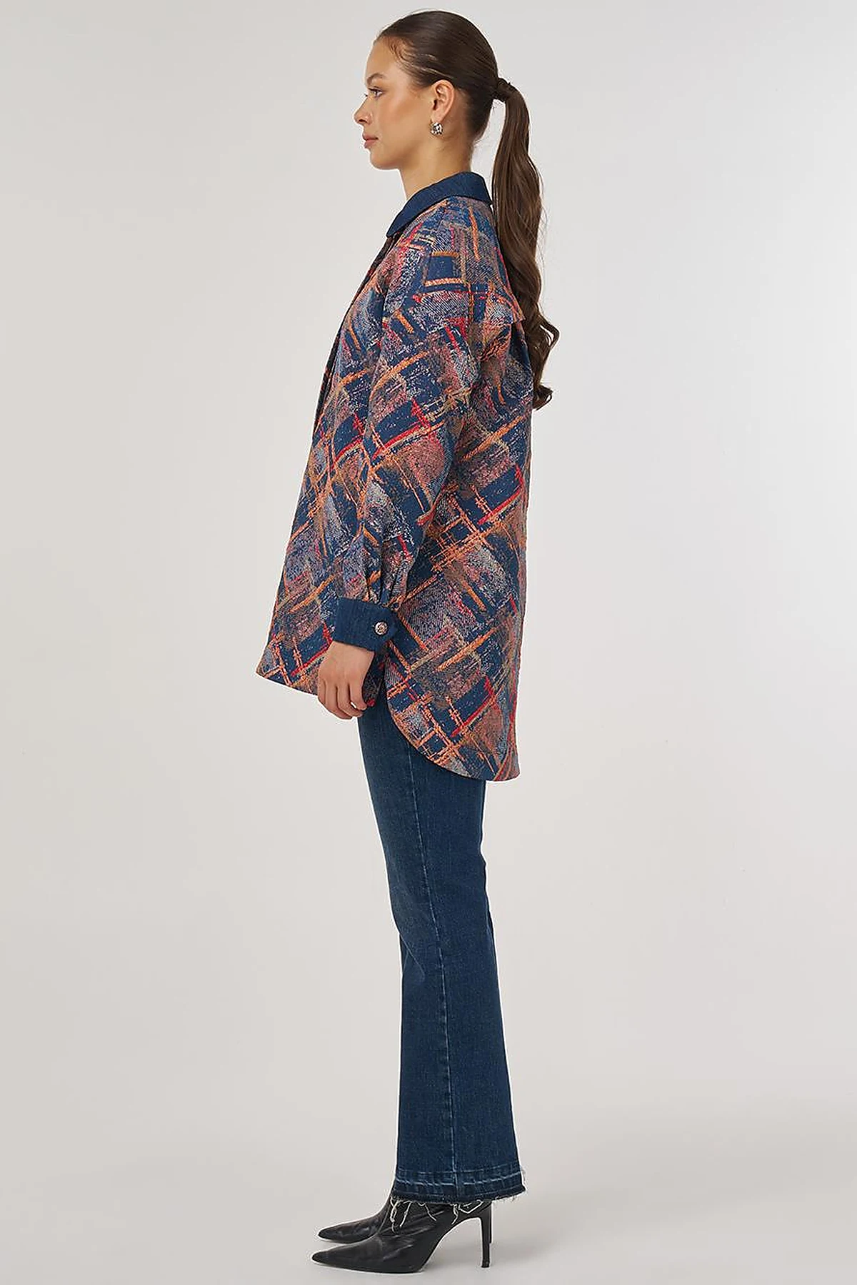 Denim Garnished Patterned Tunic in Red