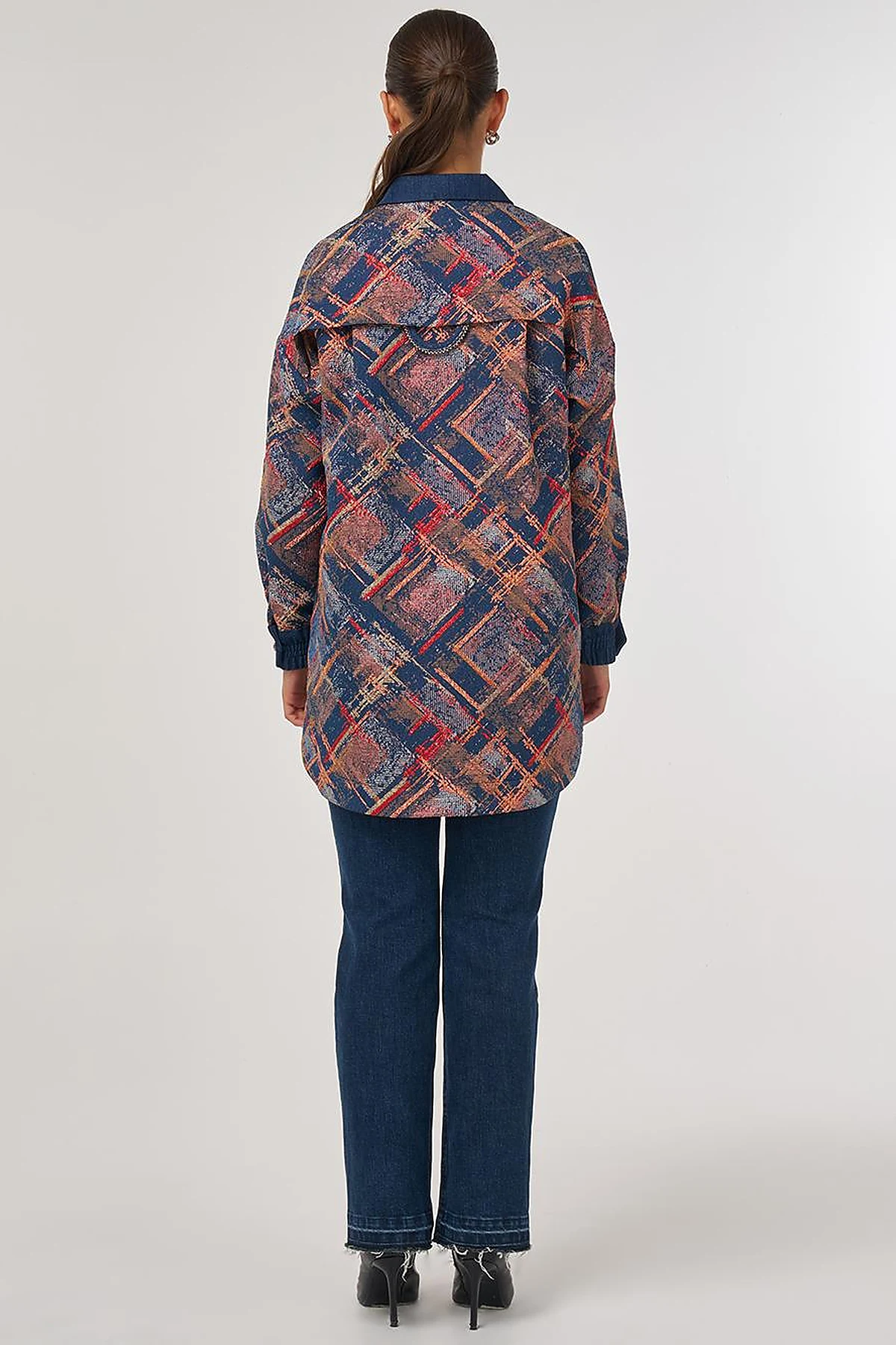 Denim Garnished Patterned Tunic in Red