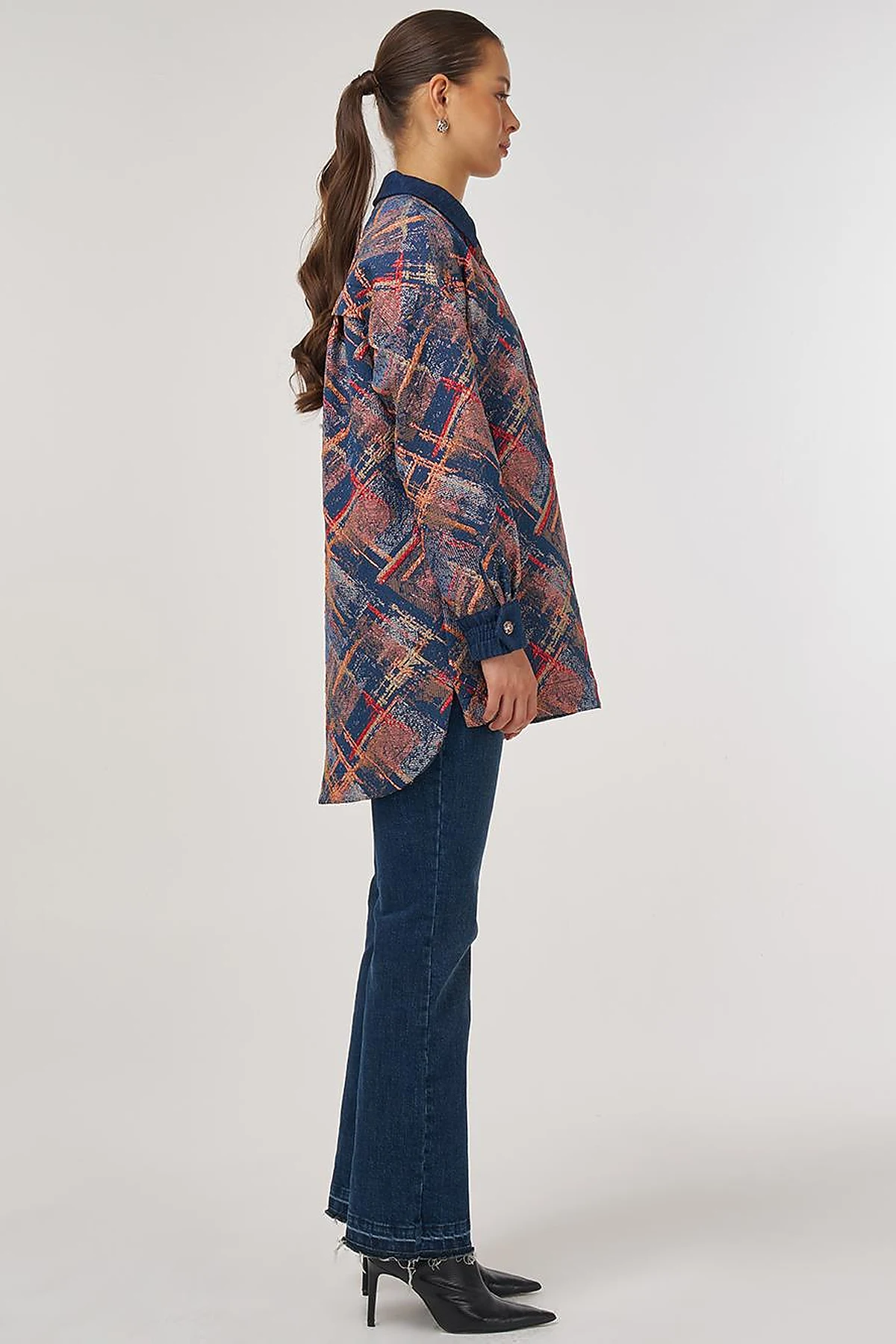 Denim Garnished Patterned Tunic in Red