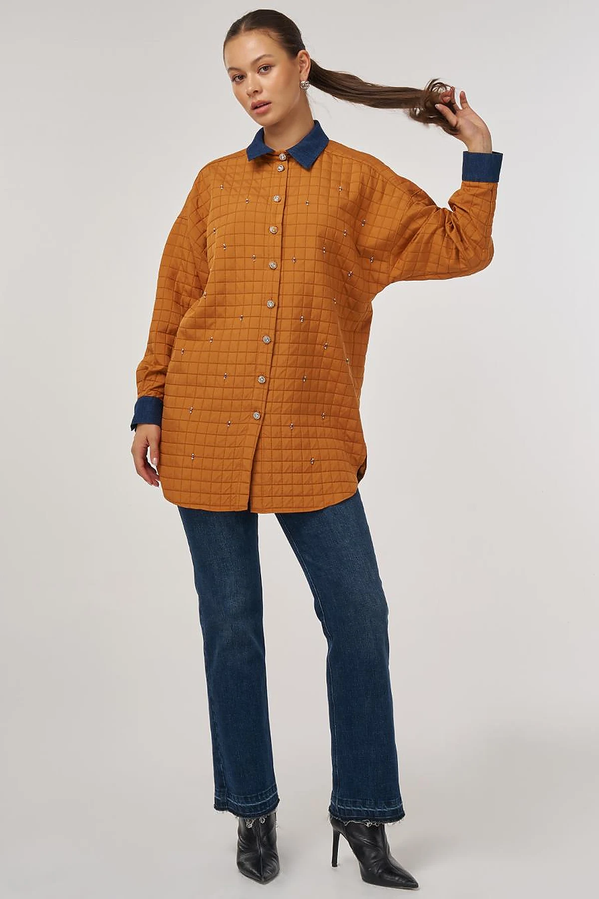 Quilted Denim Collar Tunic in Pumpkin