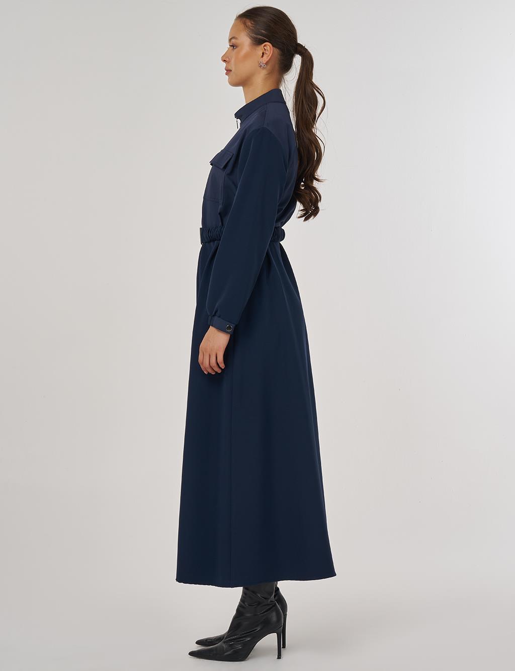 Maxi Dress with Elastic Belt and Flap Pockets in Dark Navy