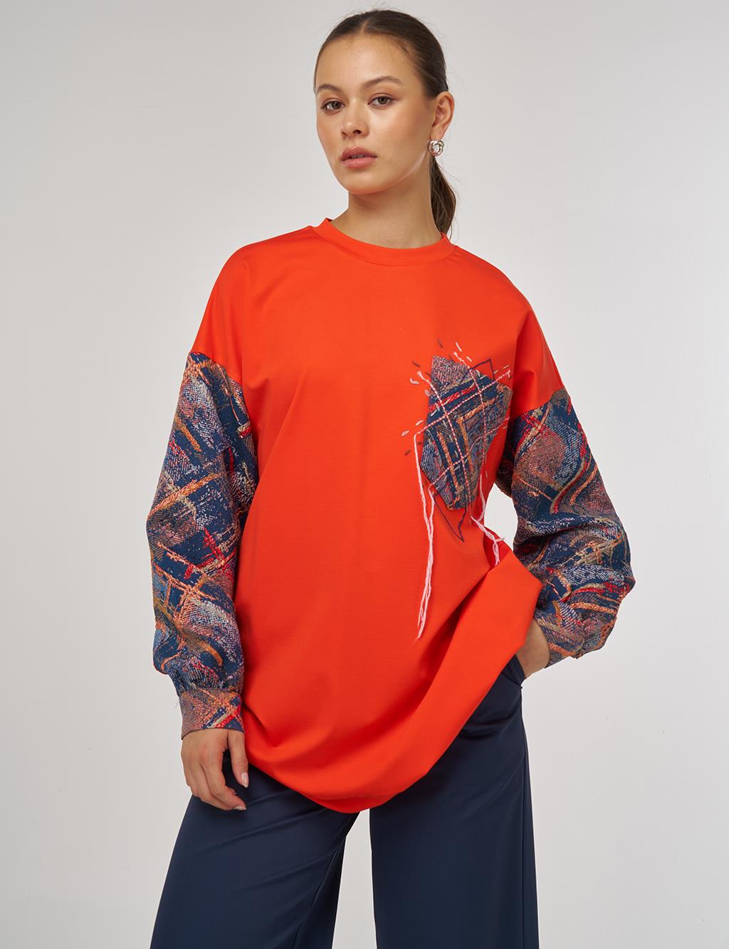 Soyut Desen Kumaş Garnili Cepli Tunik Mercan
