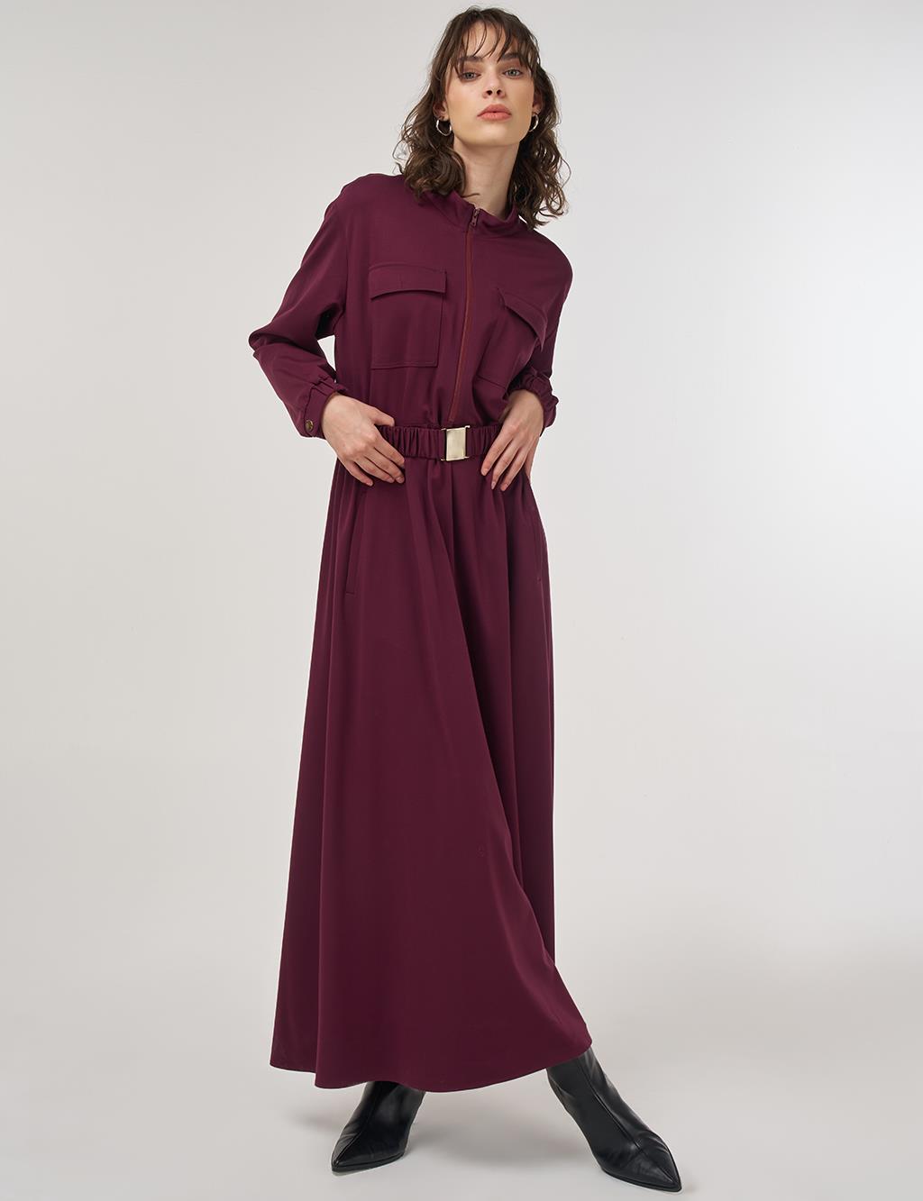 Maxi Dress with Elastic Belt and Flap Pockets in Dark Burgundy