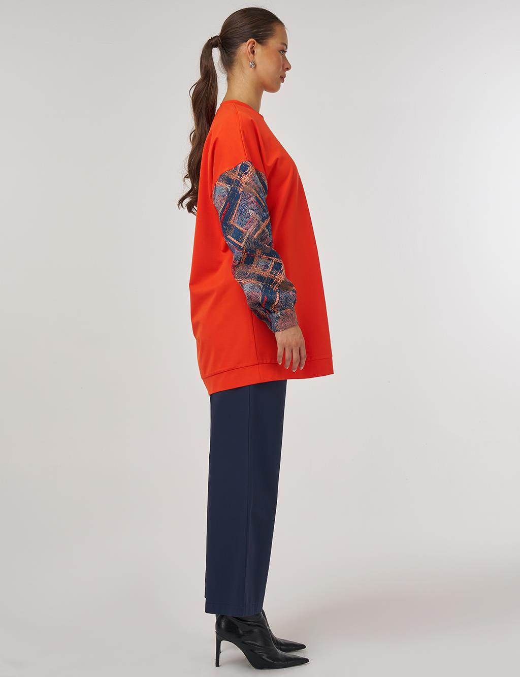 Soyut Desen Kumaş Garnili Cepli Tunik Mercan