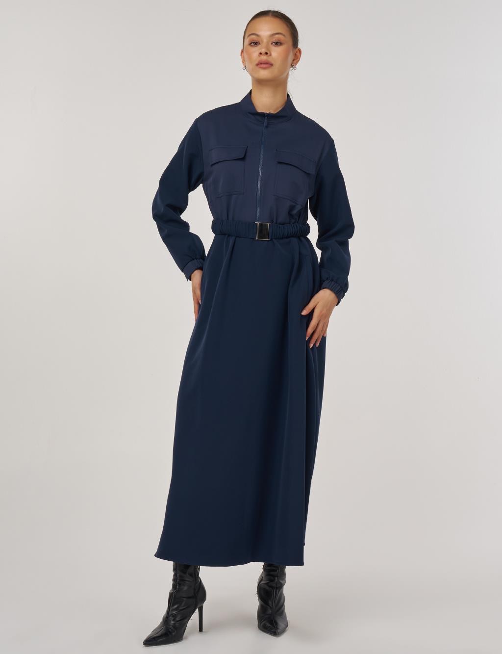 Maxi Dress with Elastic Belt and Flap Pockets in Dark Navy