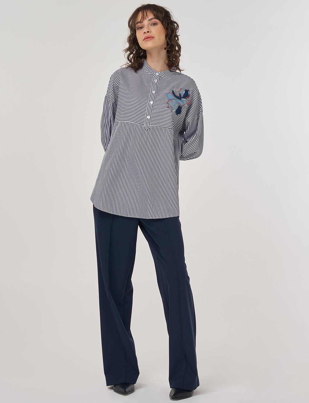 Embroidered Appliqued Beaded Mandarin Collar Tunic in Navy Blue