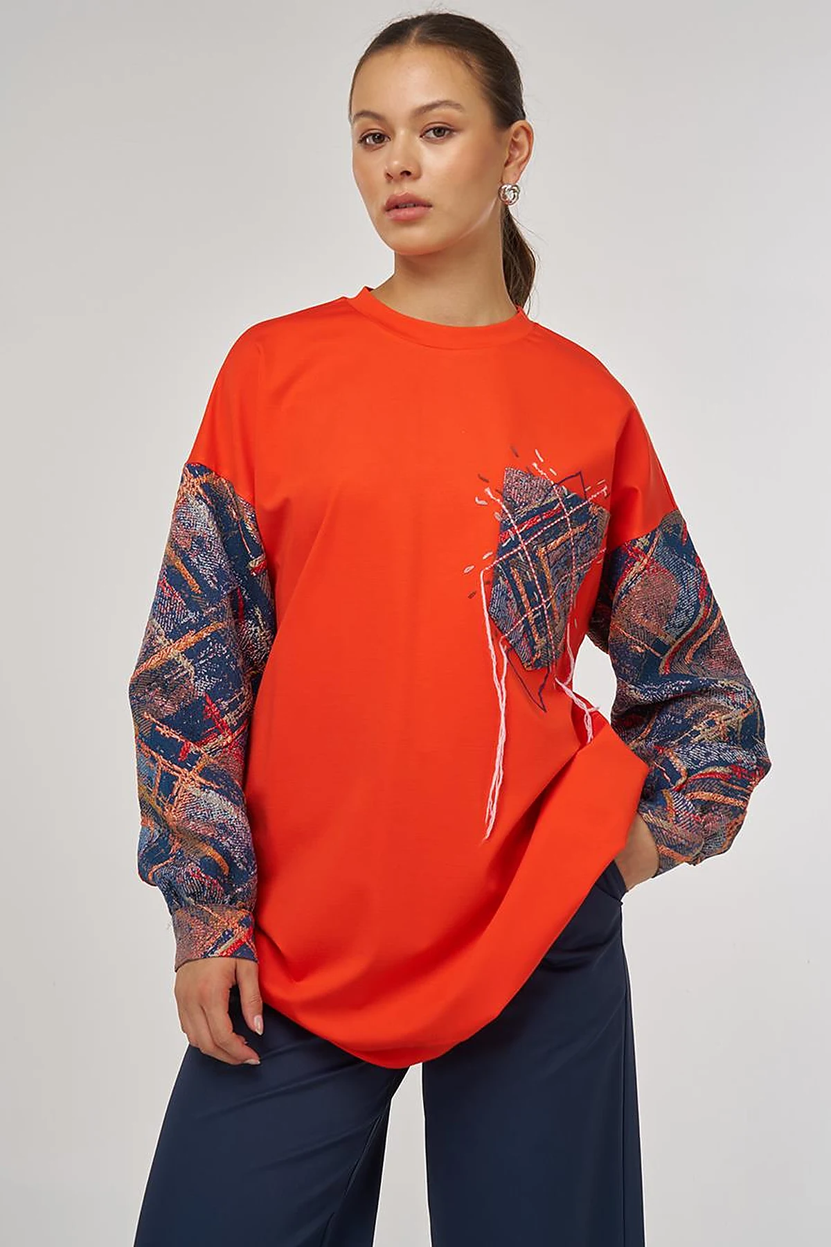 Abstract Patterned Fabric Garnished Pocket Tunic in Coral