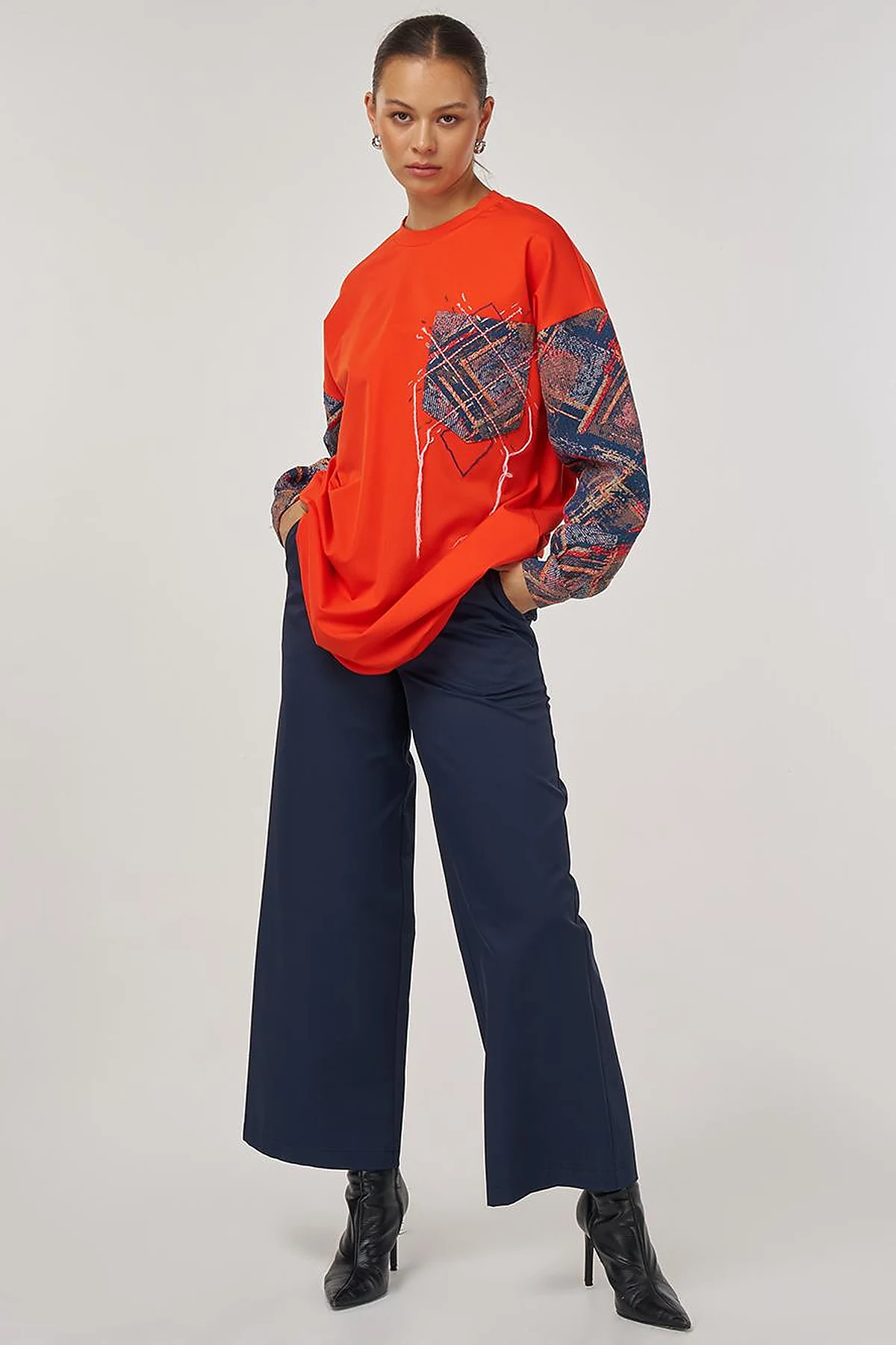 Abstract Patterned Fabric Garnished Pocket Tunic in Coral