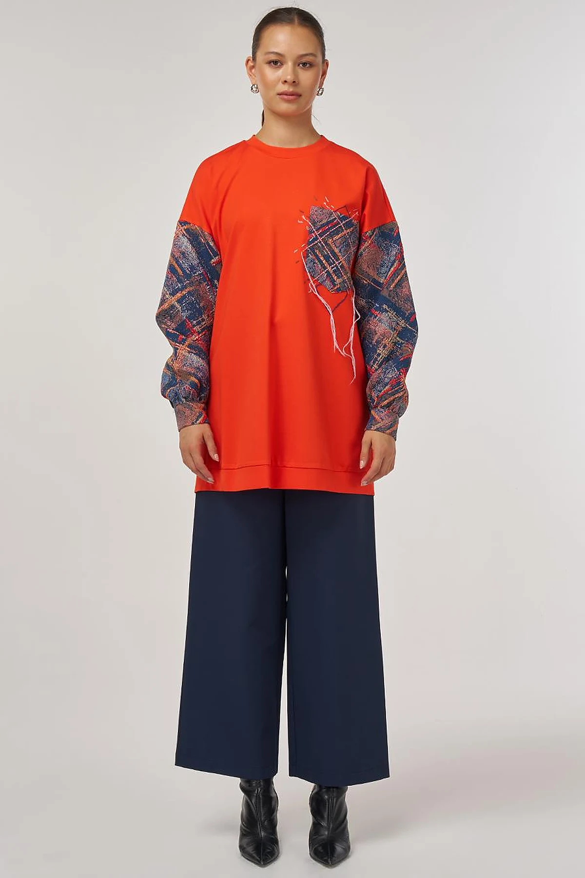 Abstract Patterned Fabric Garnished Pocket Tunic in Coral