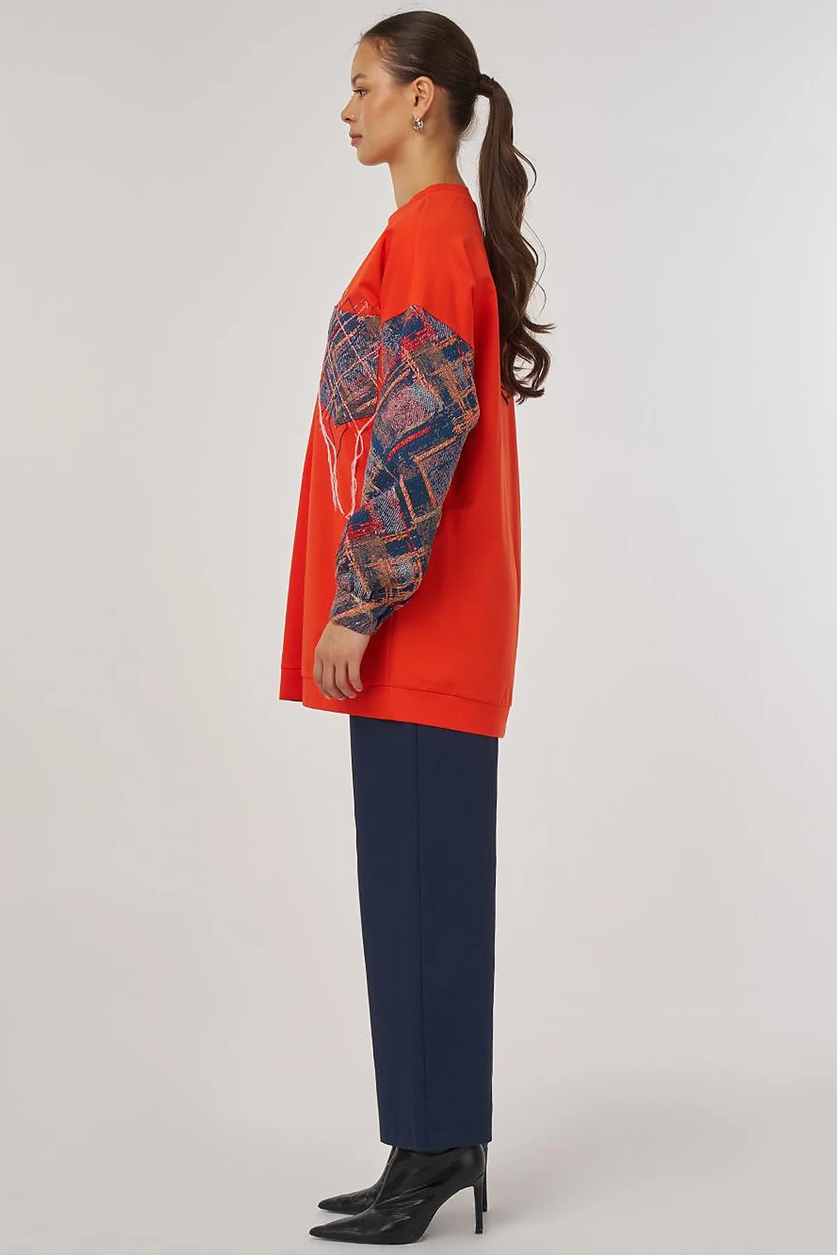 Abstract Patterned Fabric Garnished Pocket Tunic in Coral