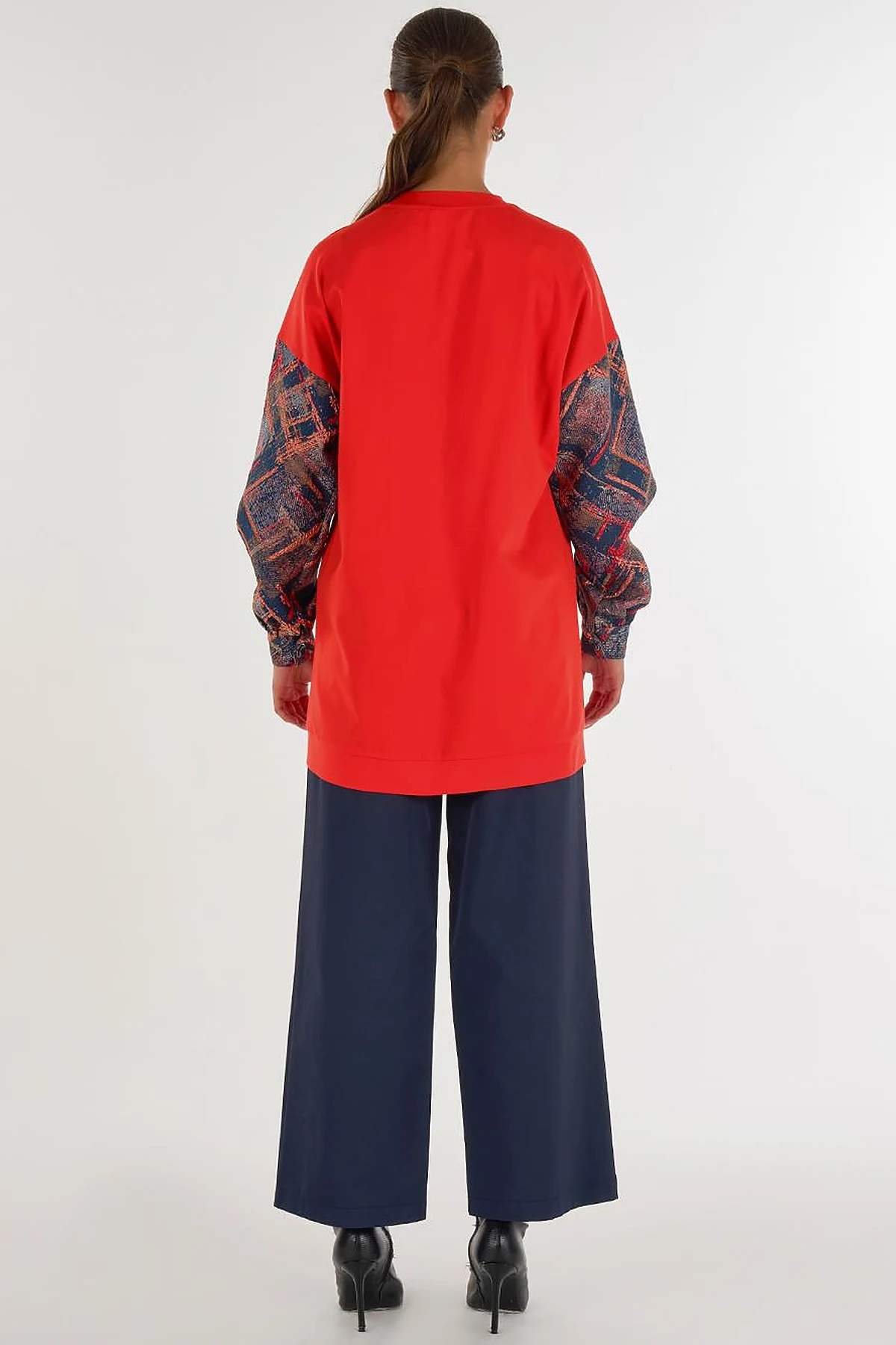 Abstract Patterned Fabric Garnished Pocket Tunic in Coral