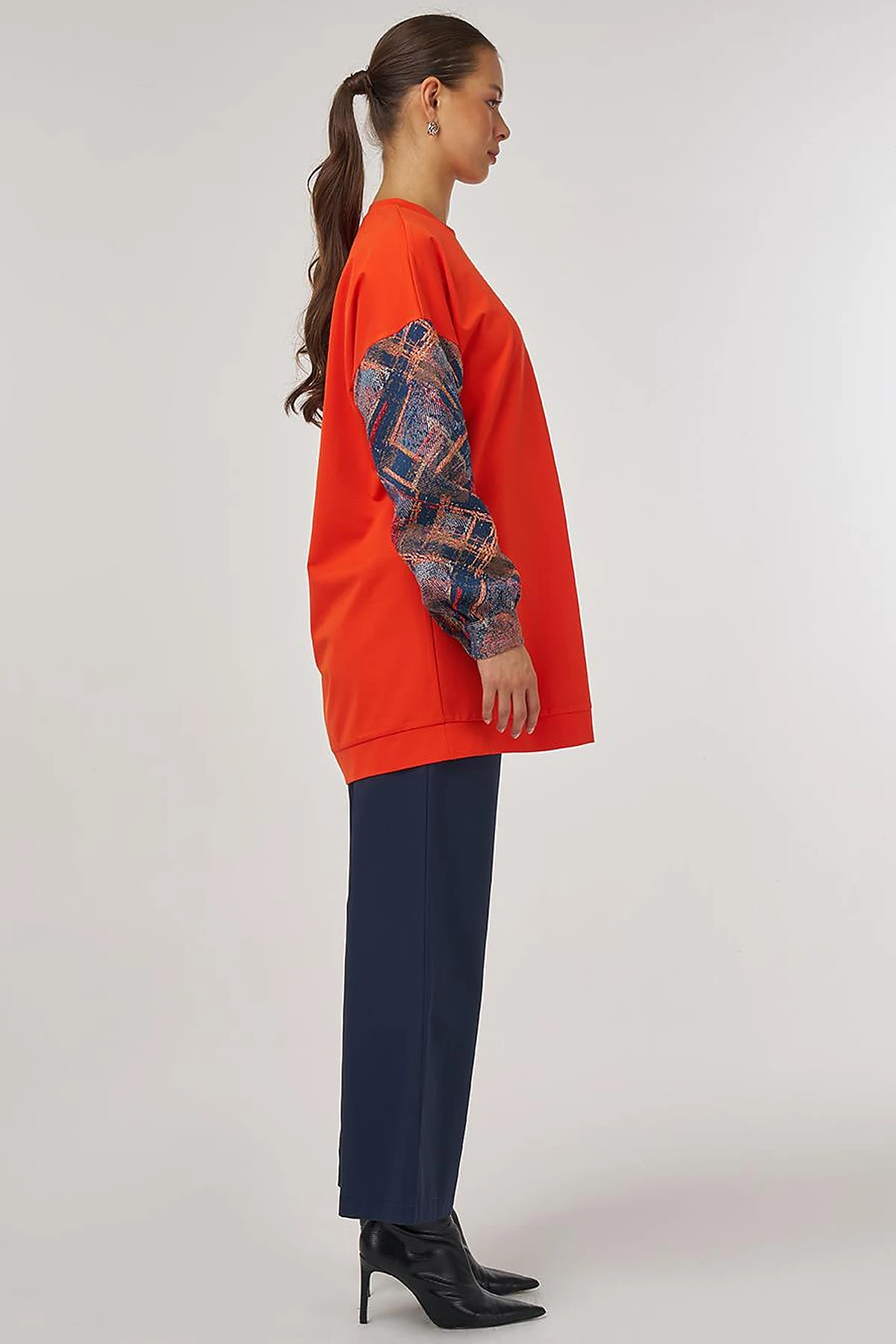 Abstract Patterned Fabric Garnished Pocket Tunic in Coral
