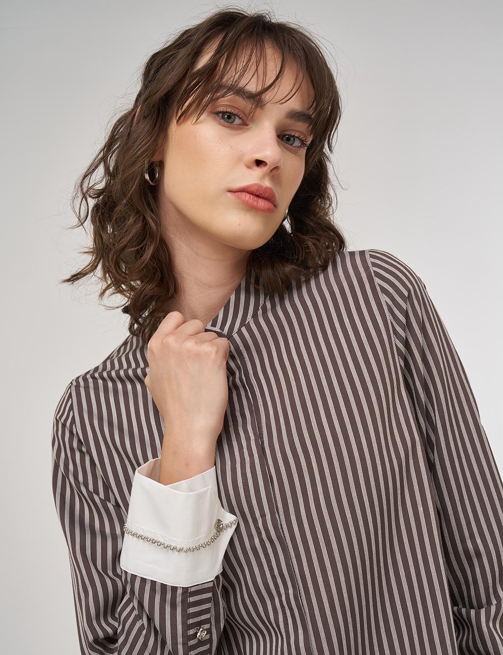Beaded Mandarin Collar Placket Hidden Tunic Brown