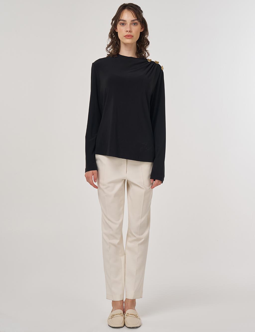 Shoulder Detail Long Sleeve Blouse Black