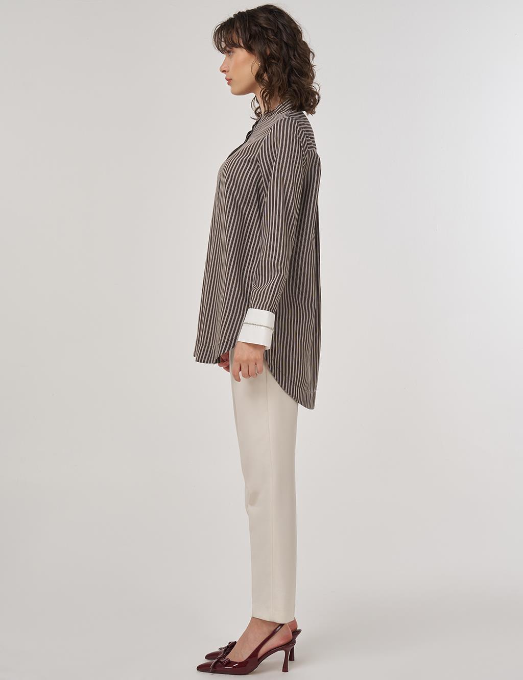 Beaded Mandarin Collar Placket Hidden Tunic Brown