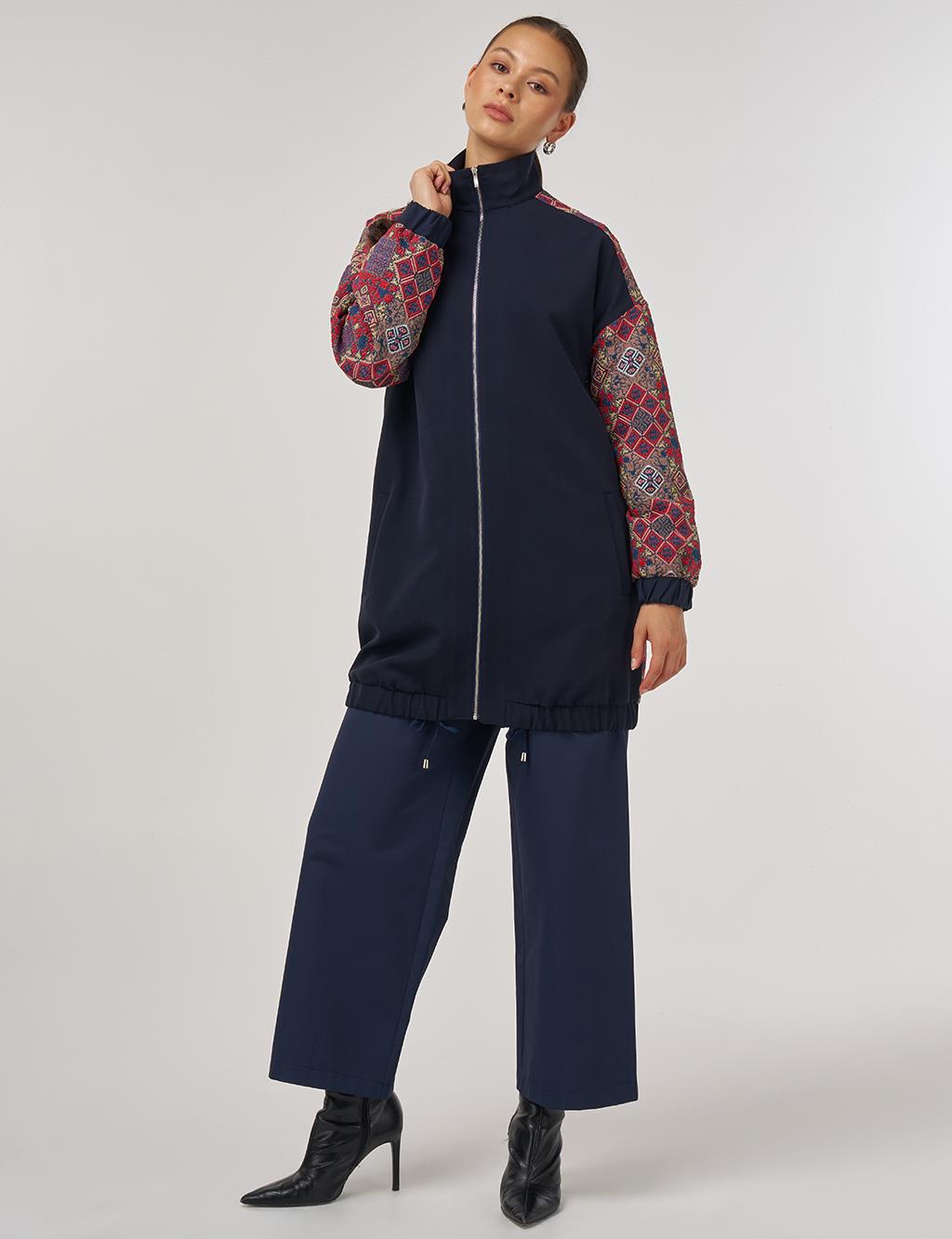 Ethnic Pattern Garnish Stand Collar Zipper Closure Tunic Dark Navy