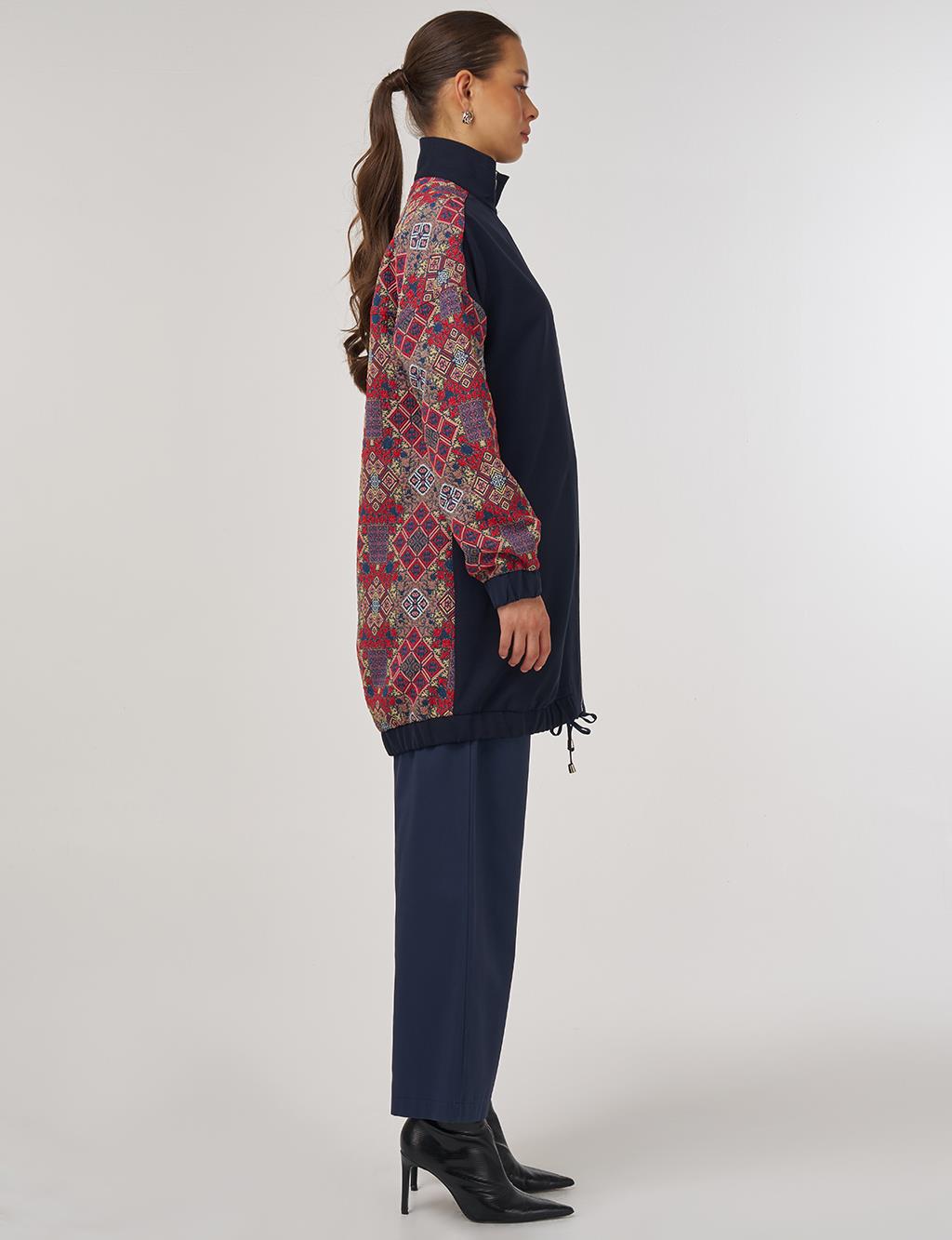 Ethnic Pattern Garnish Stand Collar Zipper Closure Tunic Dark Navy