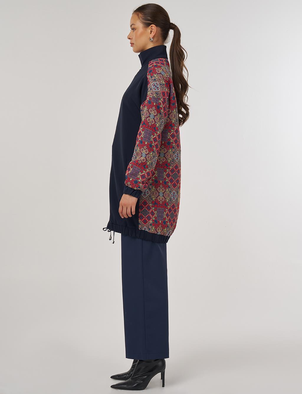 Ethnic Pattern Garnish Stand Collar Zipper Closure Tunic Dark Navy