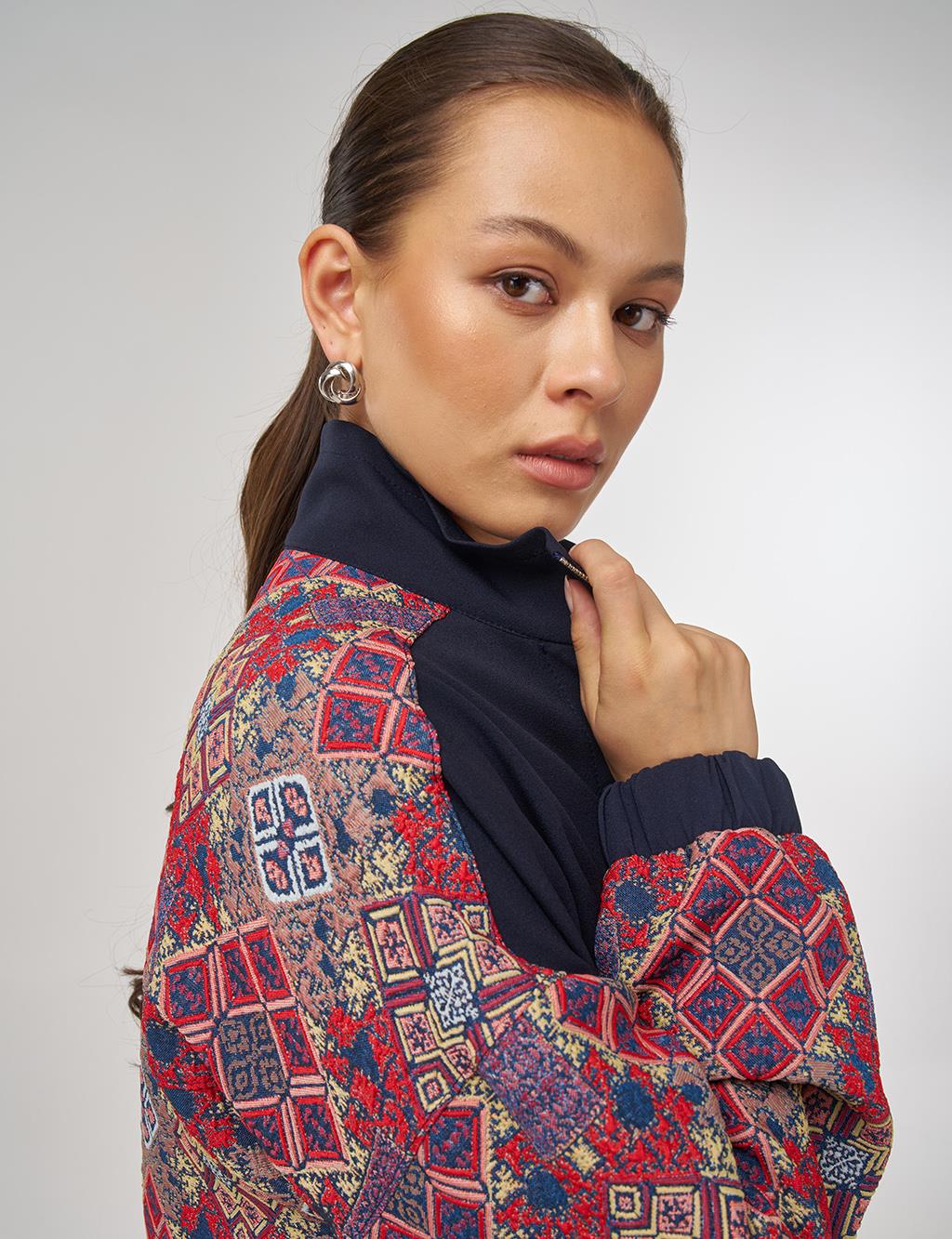 Ethnic Pattern Garnish Stand Collar Zipper Closure Tunic Dark Navy