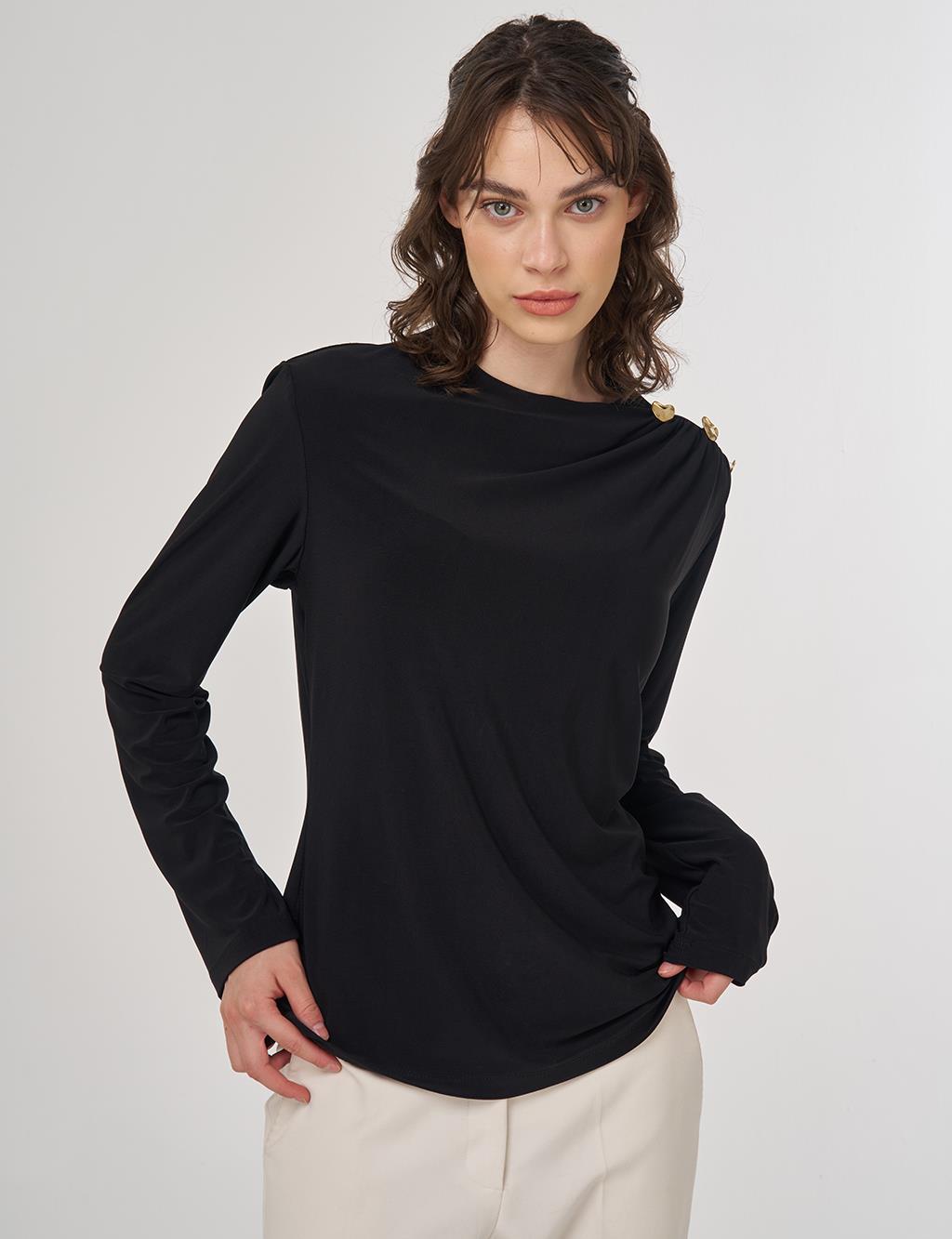 Shoulder Detail Long Sleeve Blouse Black