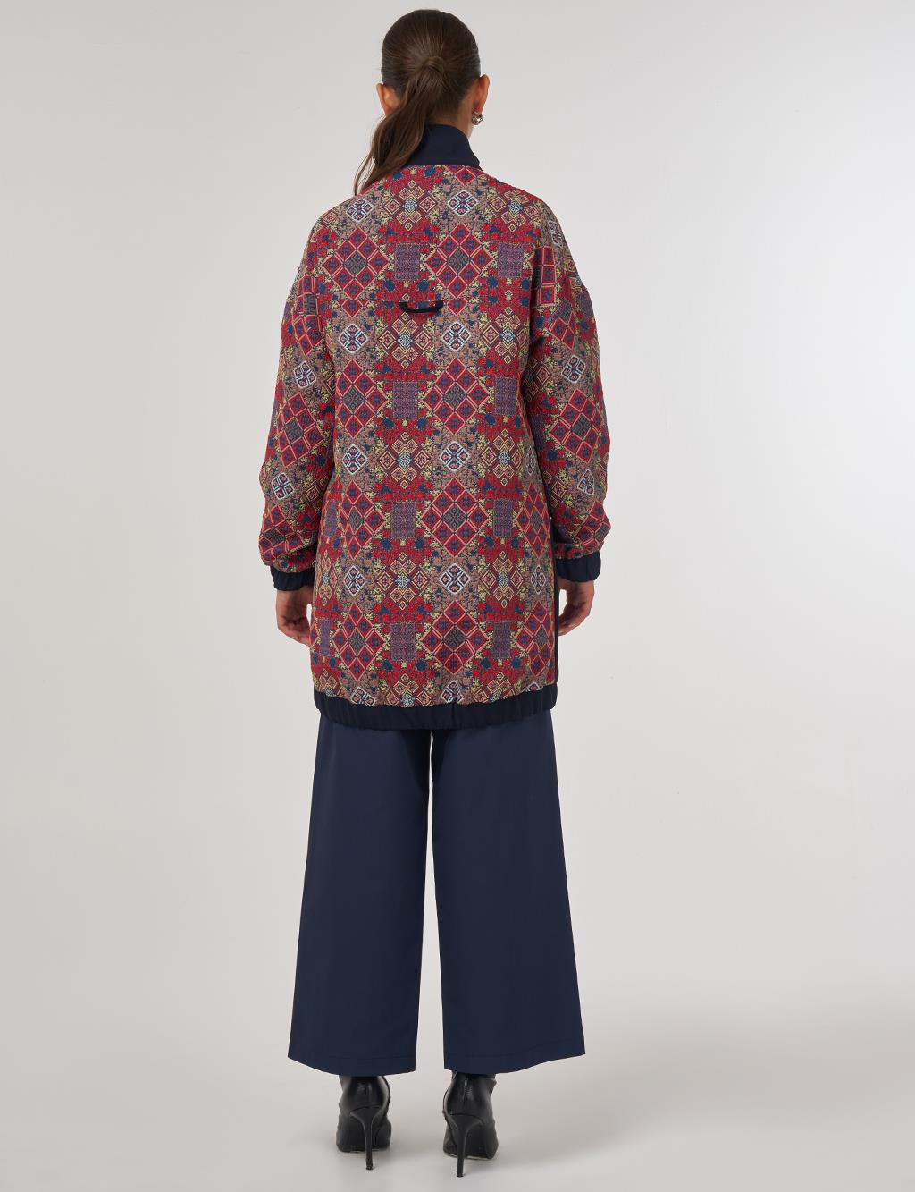 Ethnic Pattern Garnish Stand Collar Zipper Closure Tunic Dark Navy