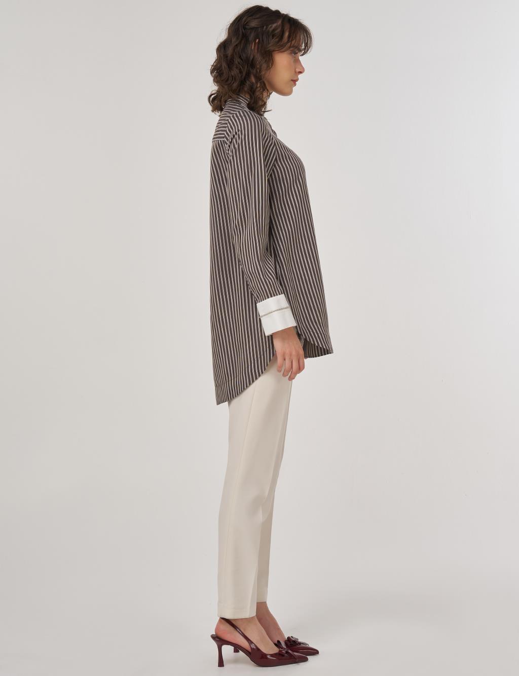 Beaded Mandarin Collar Placket Hidden Tunic Brown