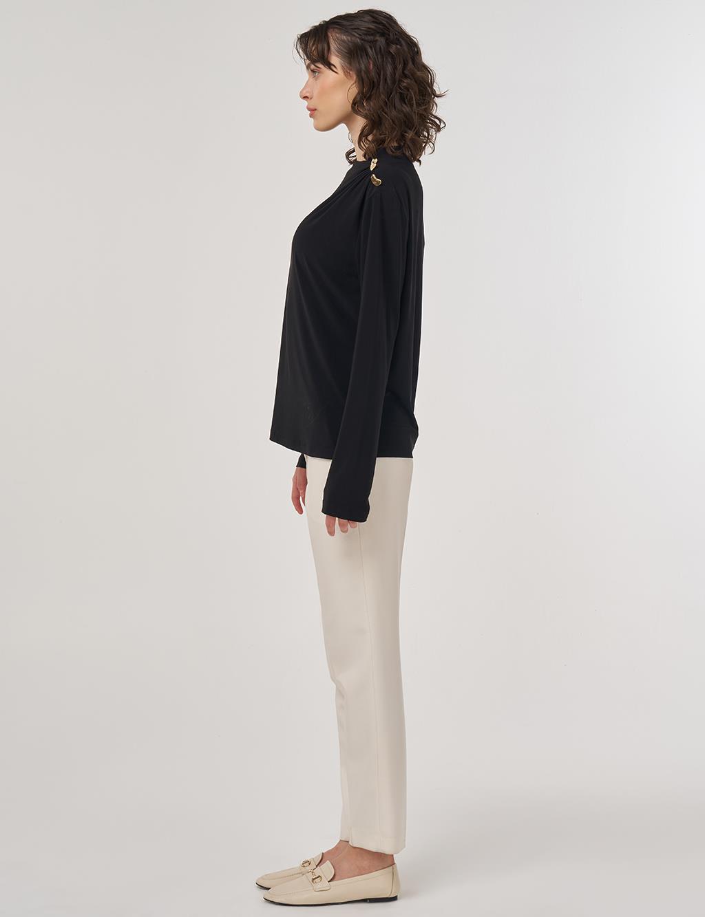 Shoulder Detail Long Sleeve Blouse Black