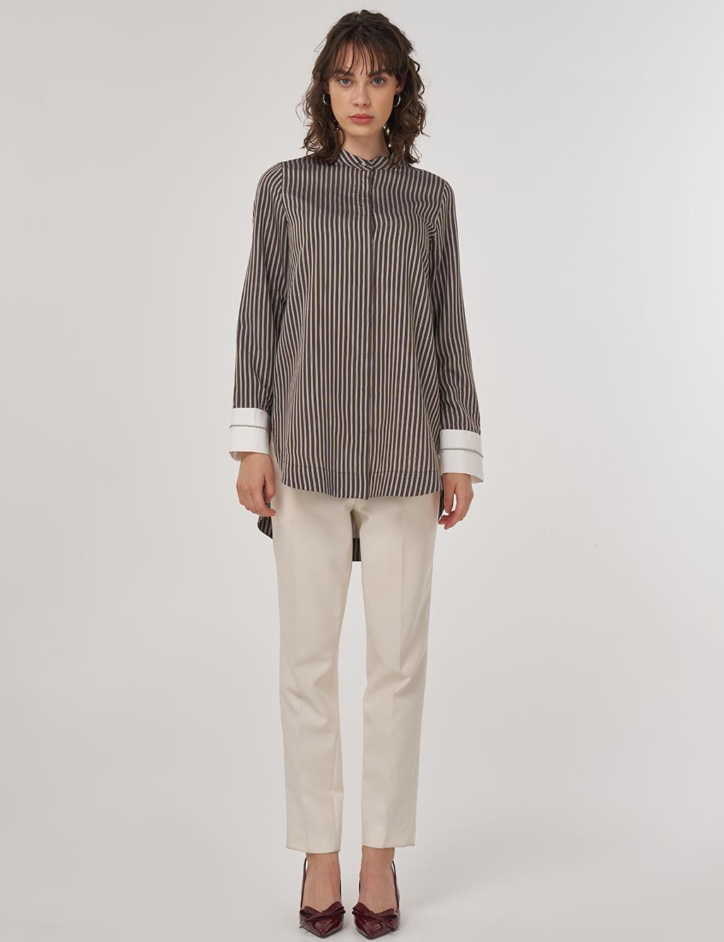 Beaded Mandarin Collar Placket Hidden Tunic Brown