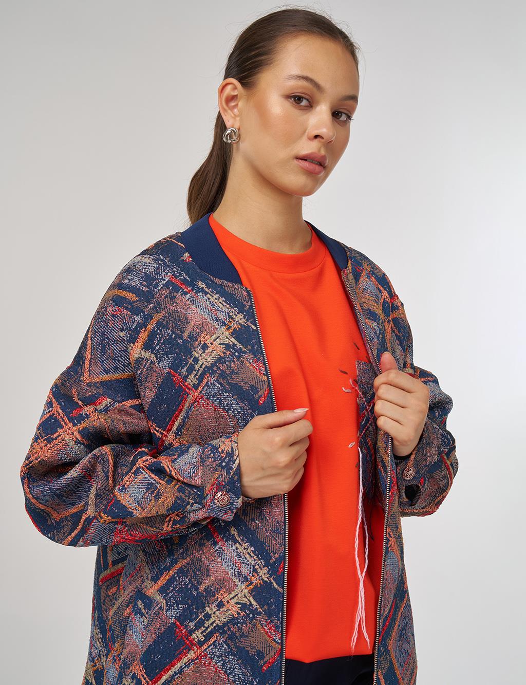 College Collar Abstract Pattern Jacket Red