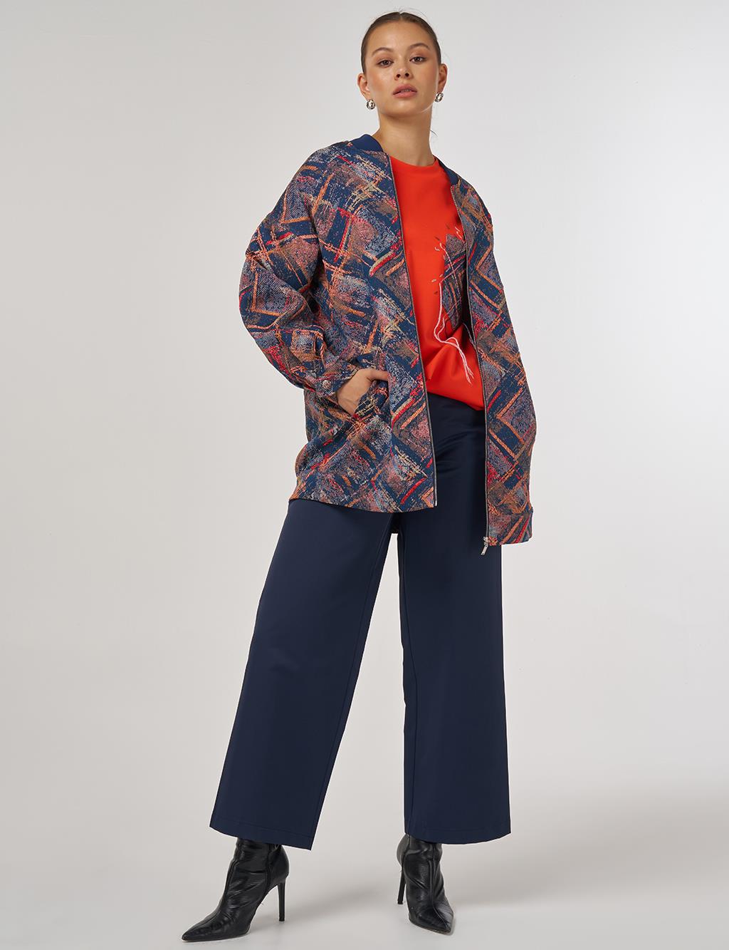 College Collar Abstract Pattern Jacket Red