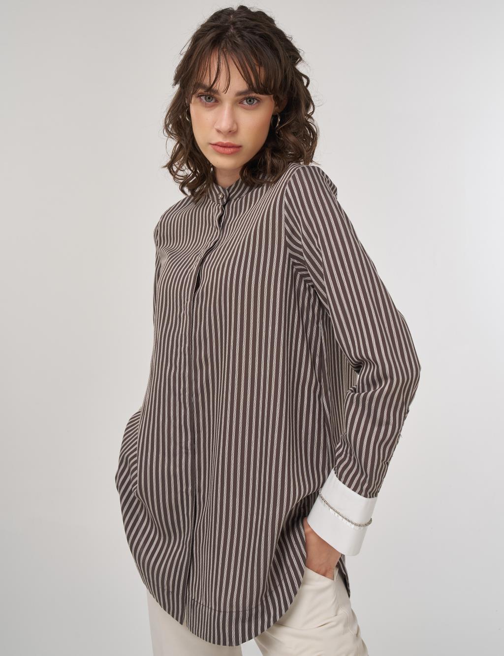 Beaded Mandarin Collar Placket Hidden Tunic Brown
