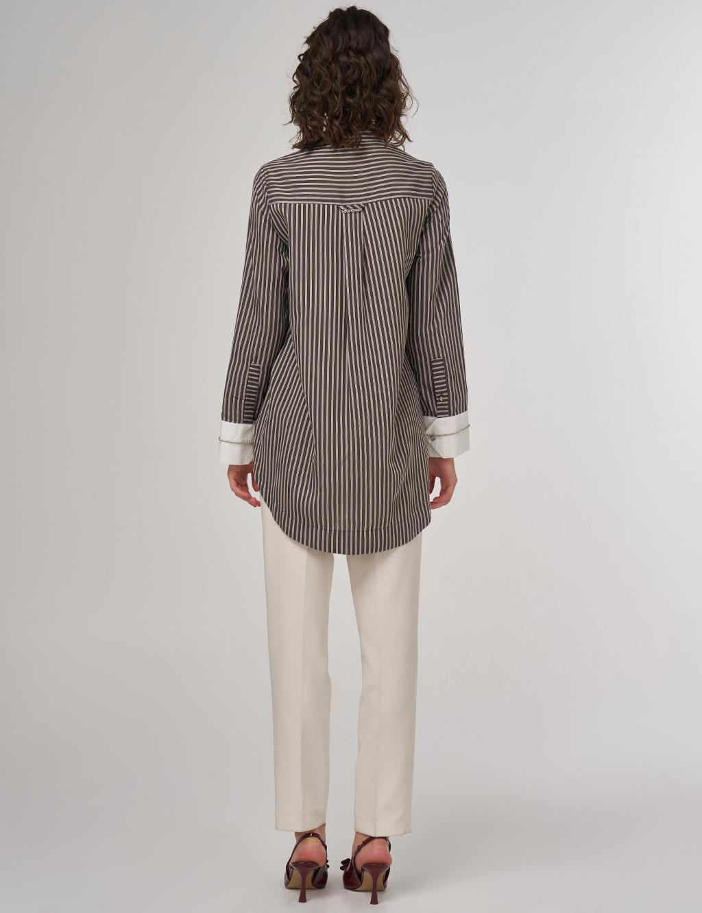 Beaded Mandarin Collar Placket Hidden Tunic Brown