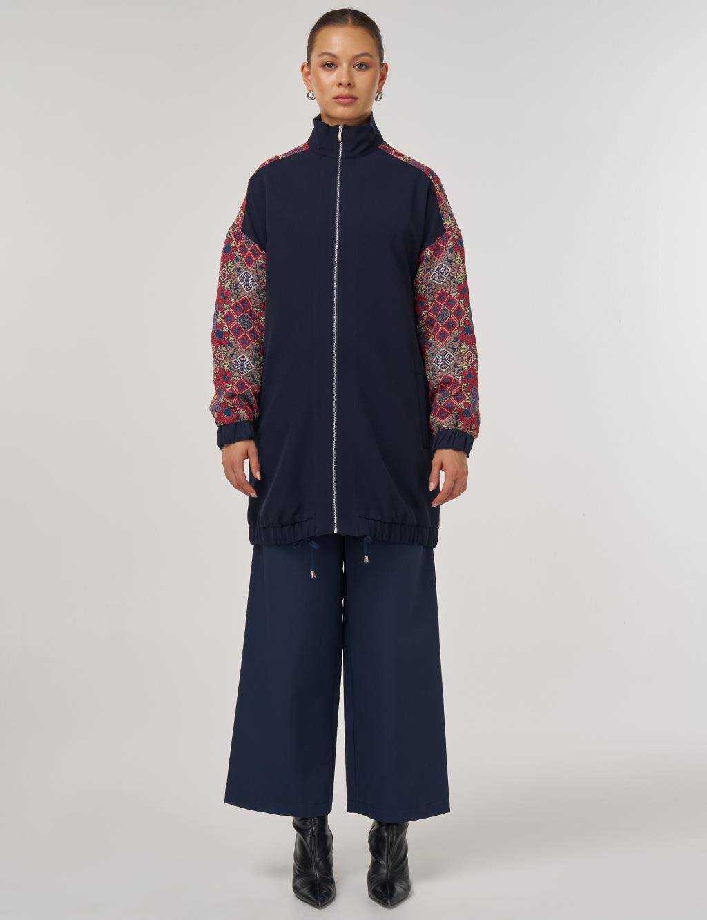 Ethnic Pattern Garnish Stand Collar Zipper Closure Tunic Dark Navy