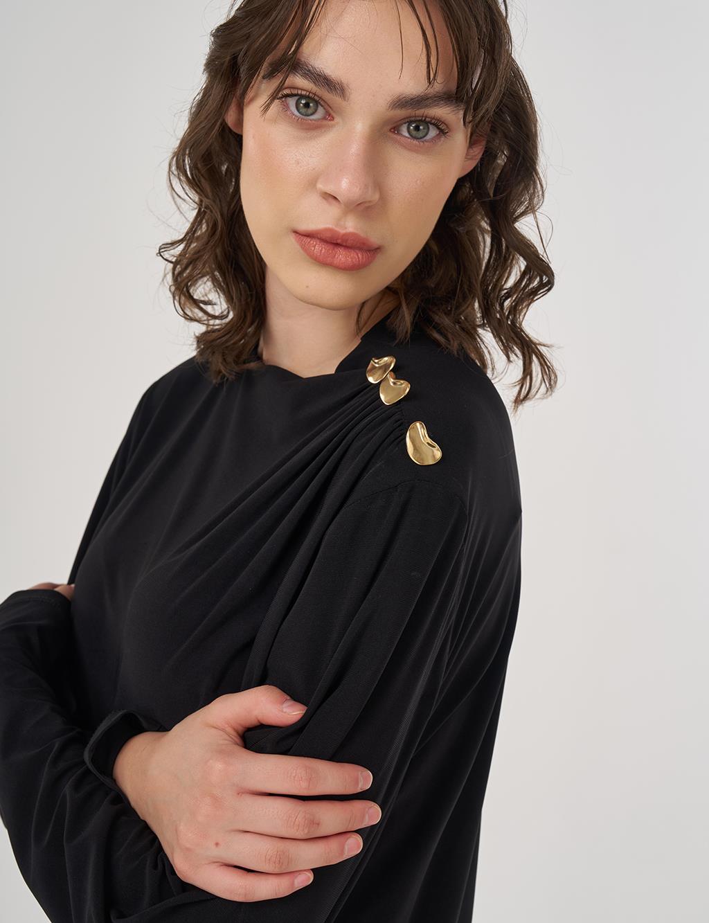 Shoulder Detail Long Sleeve Blouse Black