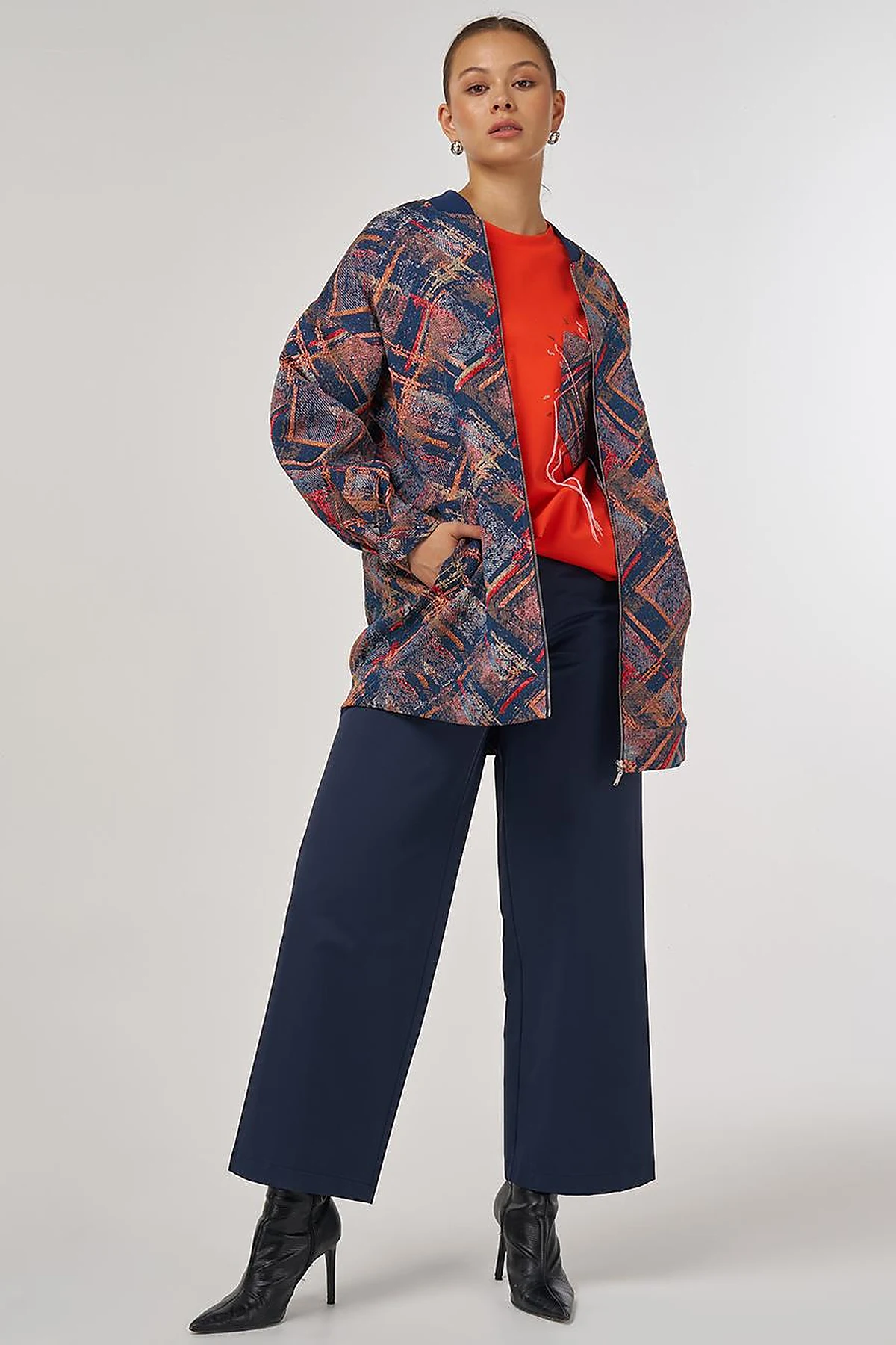 College Collar Abstract Pattern Jacket Red