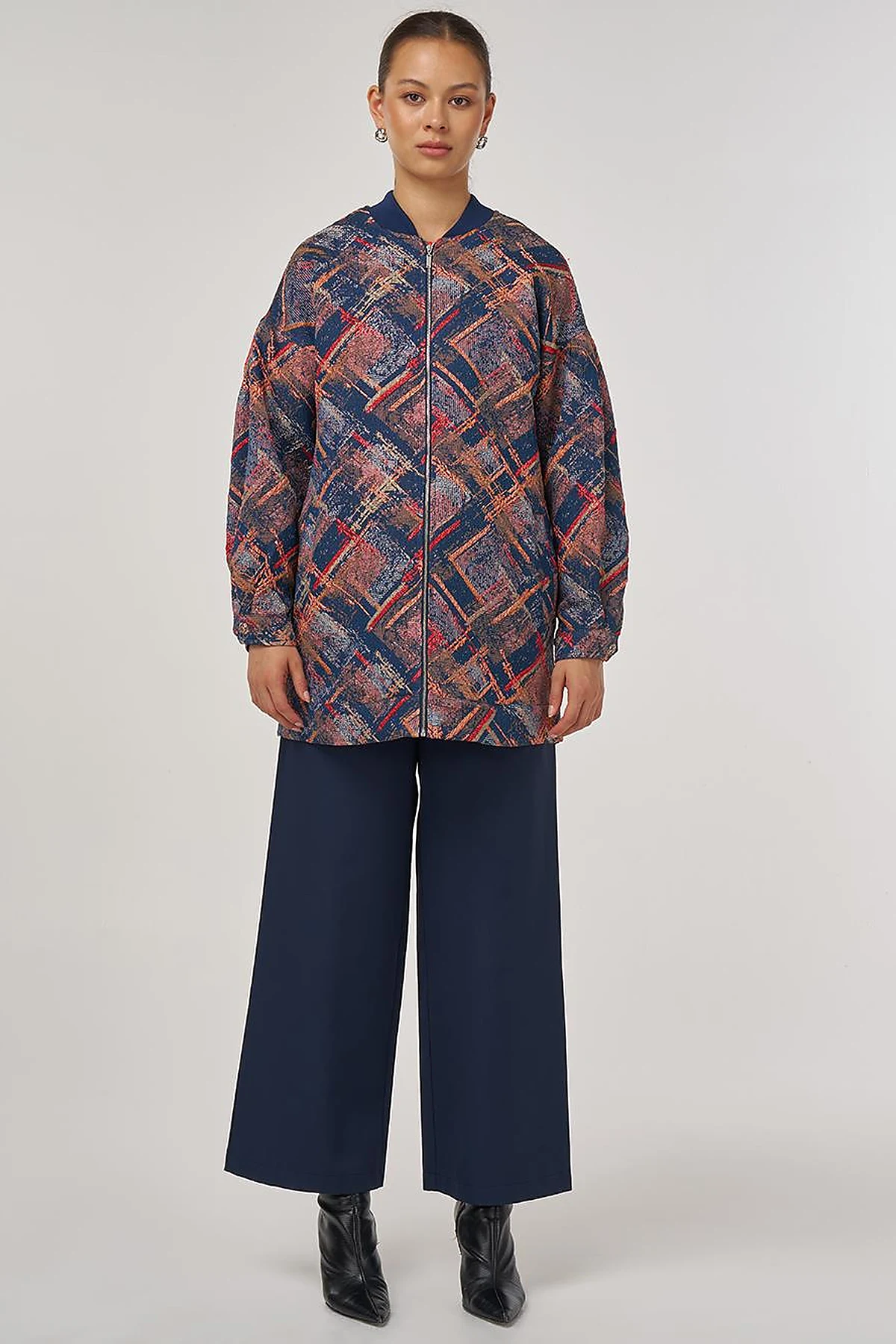 College Collar Abstract Pattern Jacket Red