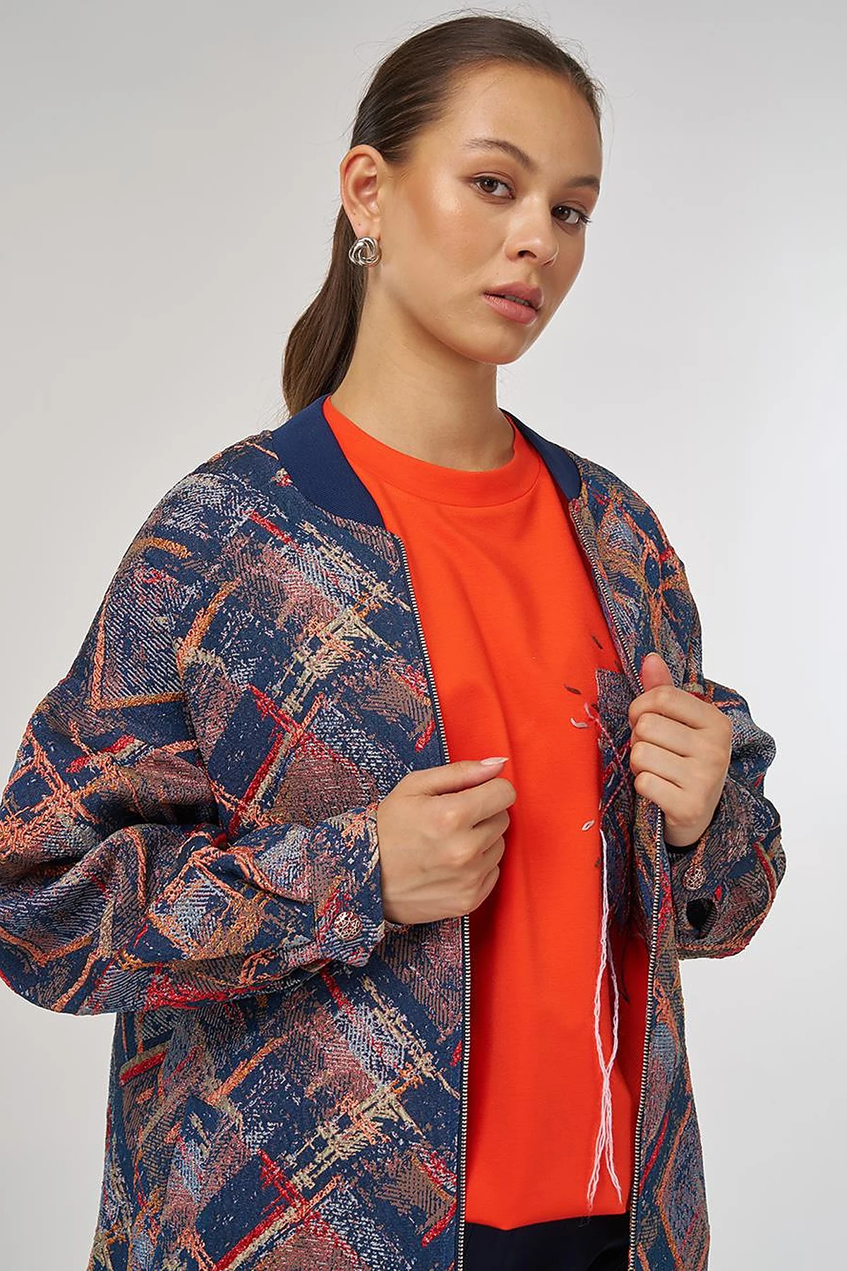 College Collar Abstract Pattern Jacket Red