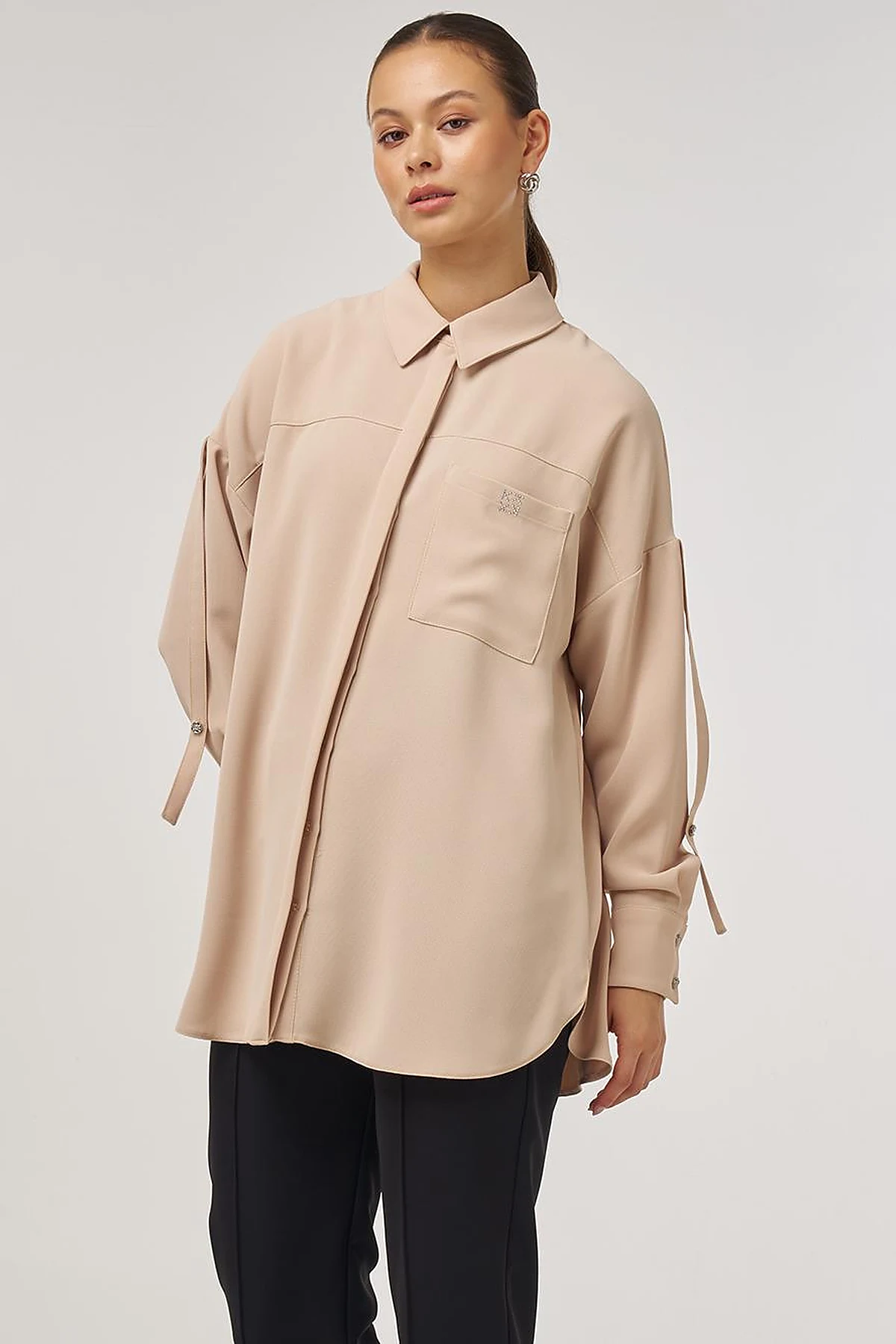 Metallic Printed Crepe Tunic Beige