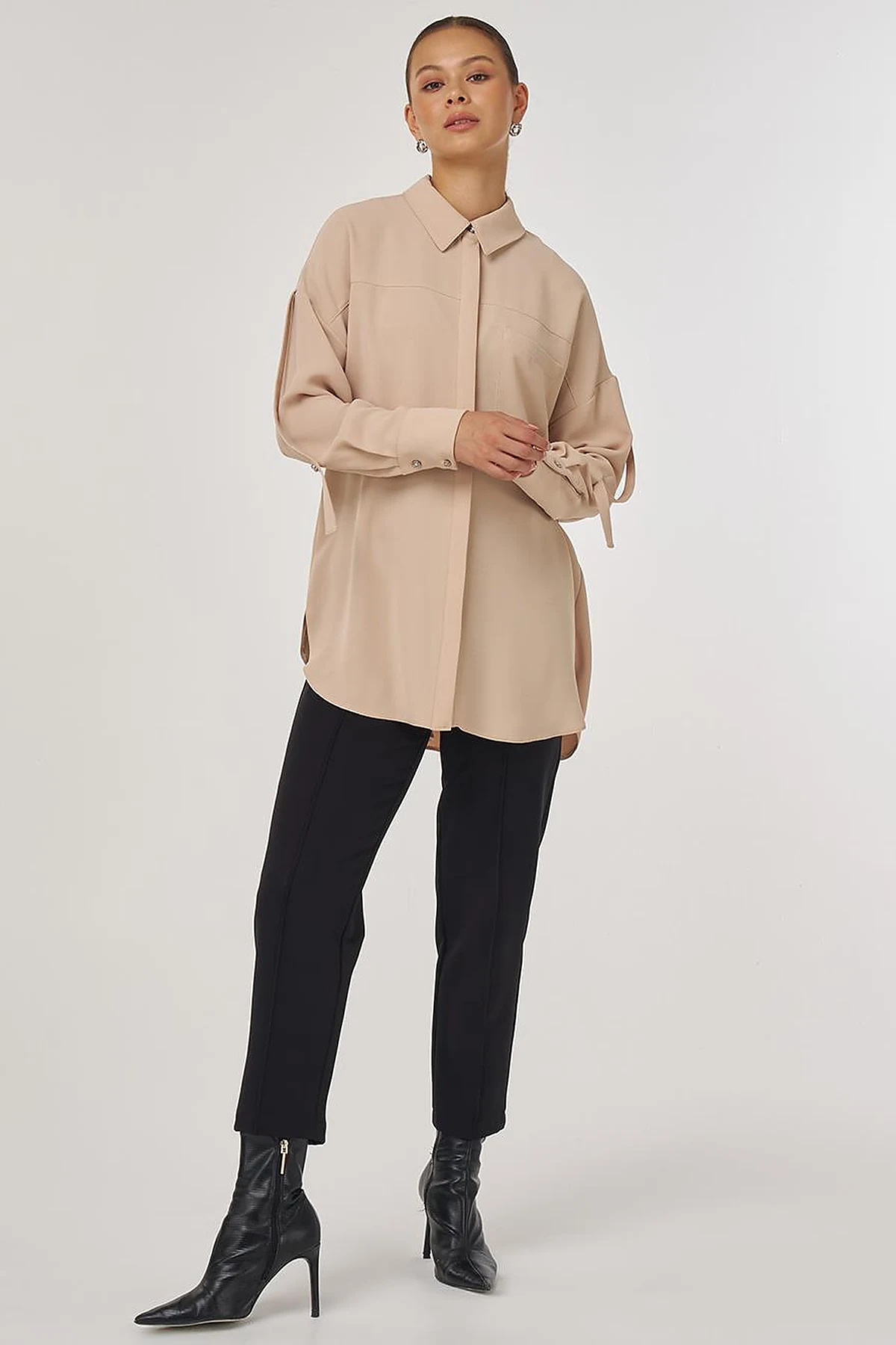 Metallic Printed Crepe Tunic Beige