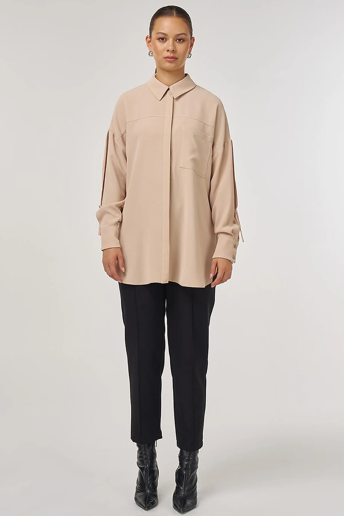 Metallic Printed Crepe Tunic Beige