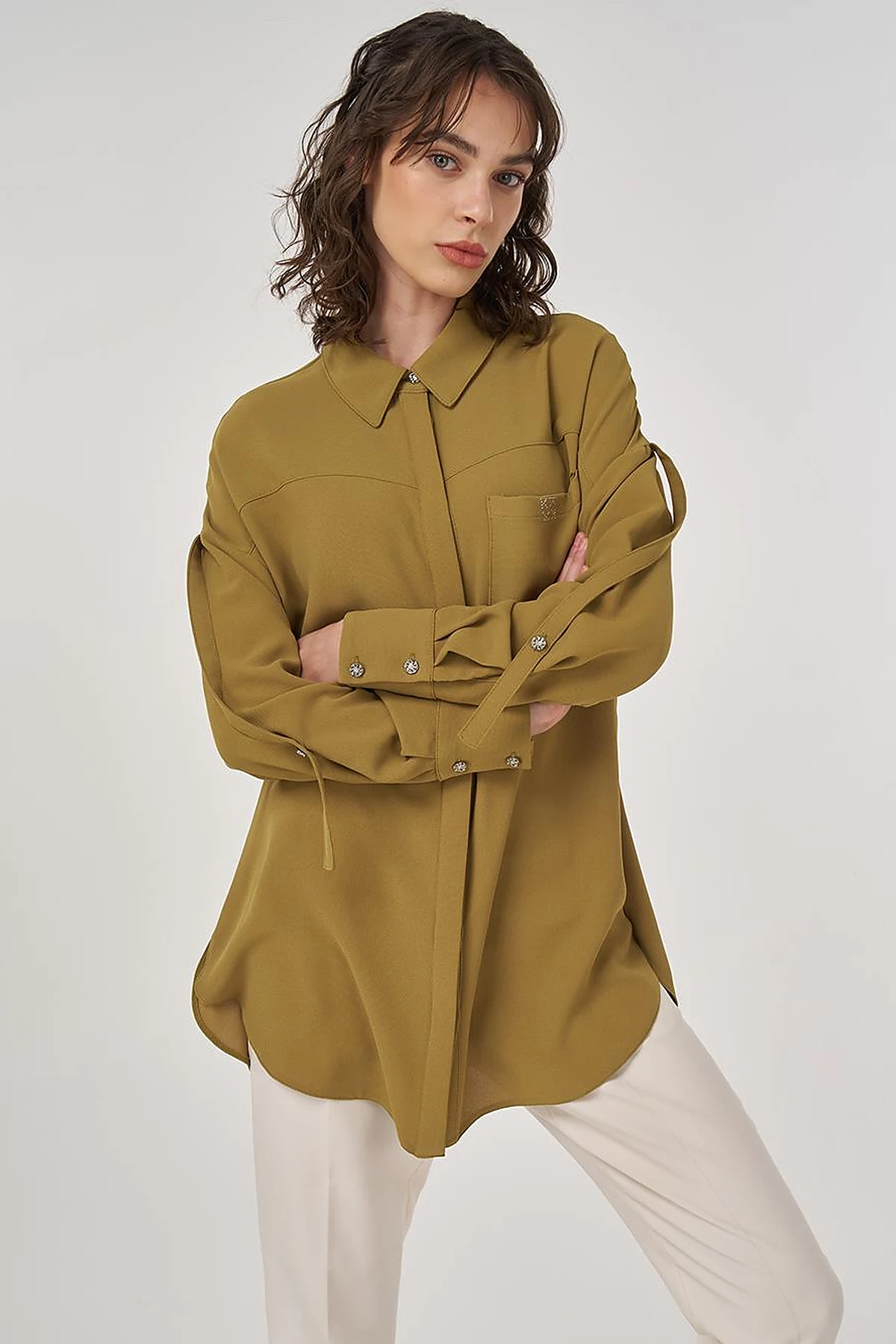 Metallic Printed Crepe Tunic Khaki