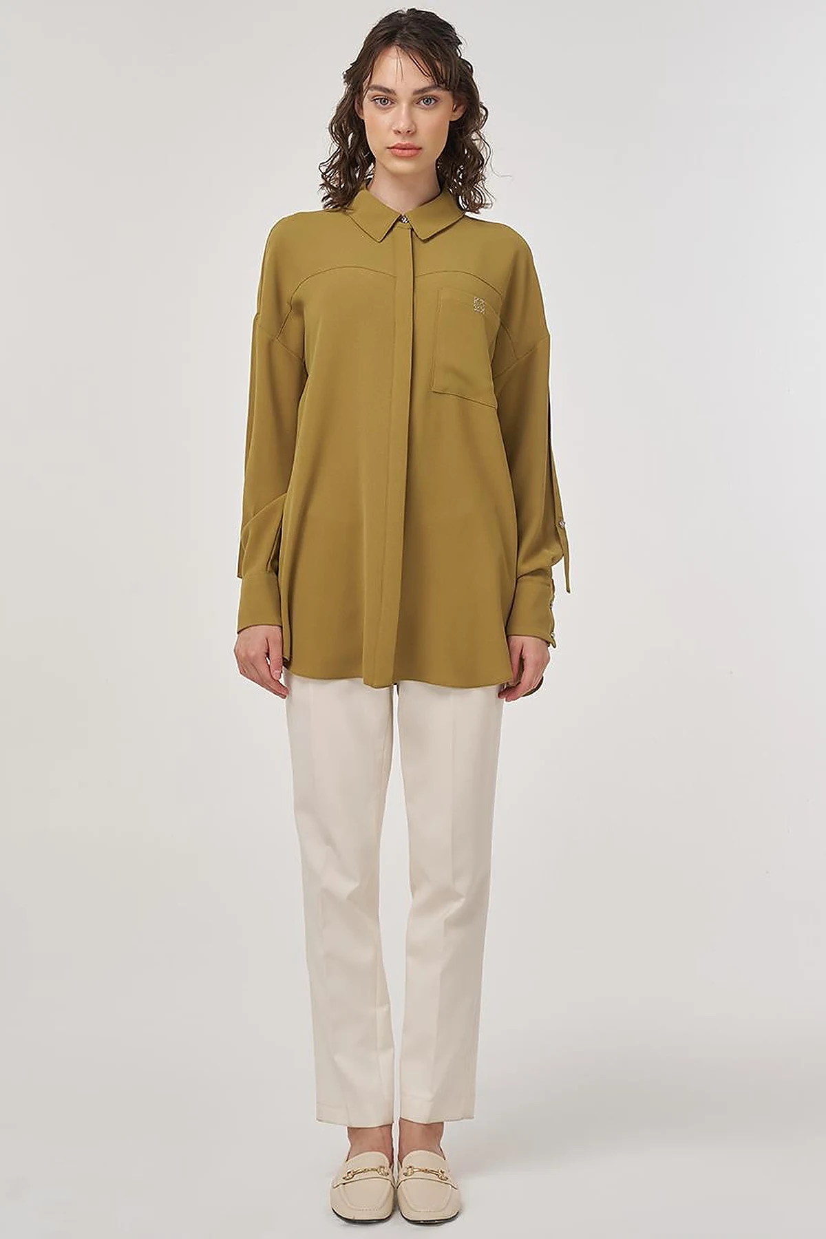 Metallic Printed Crepe Tunic Khaki